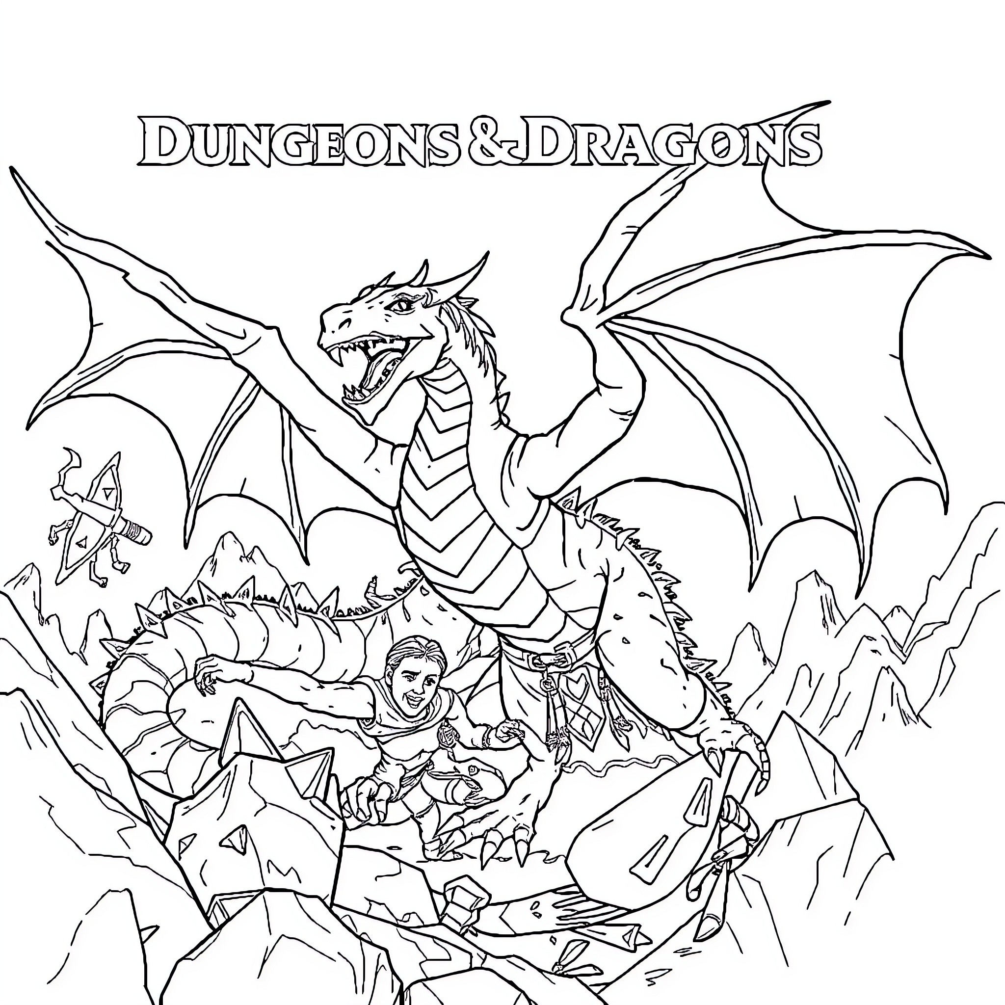 Dungeons & Dragons: Heroic Warriors Facing Fearsome Dragon Coloring Page (free black-and-white line drawing printable PDF for all, from beginners to advanced learners, including children, teens, adults, and seniors)