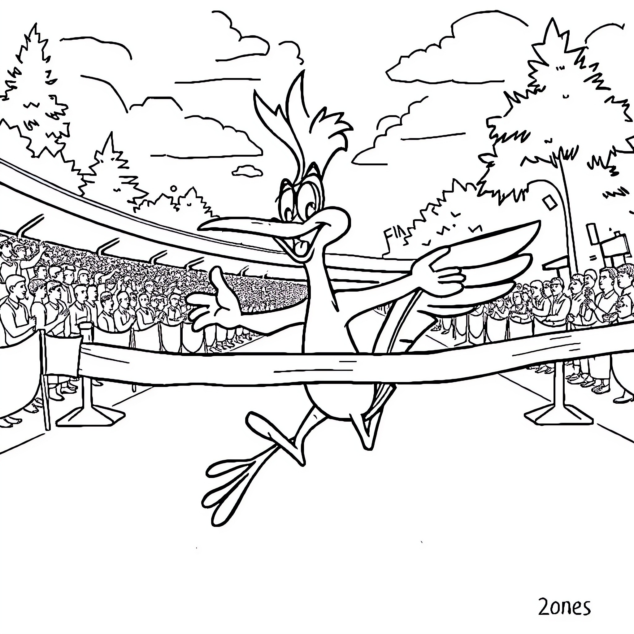 Roadrunner in a high-speed chase on the road Coloring Page (free black-and-white line drawing printable PDF for all, from beginners to advanced learners, including children, teens, adults, and seniors)