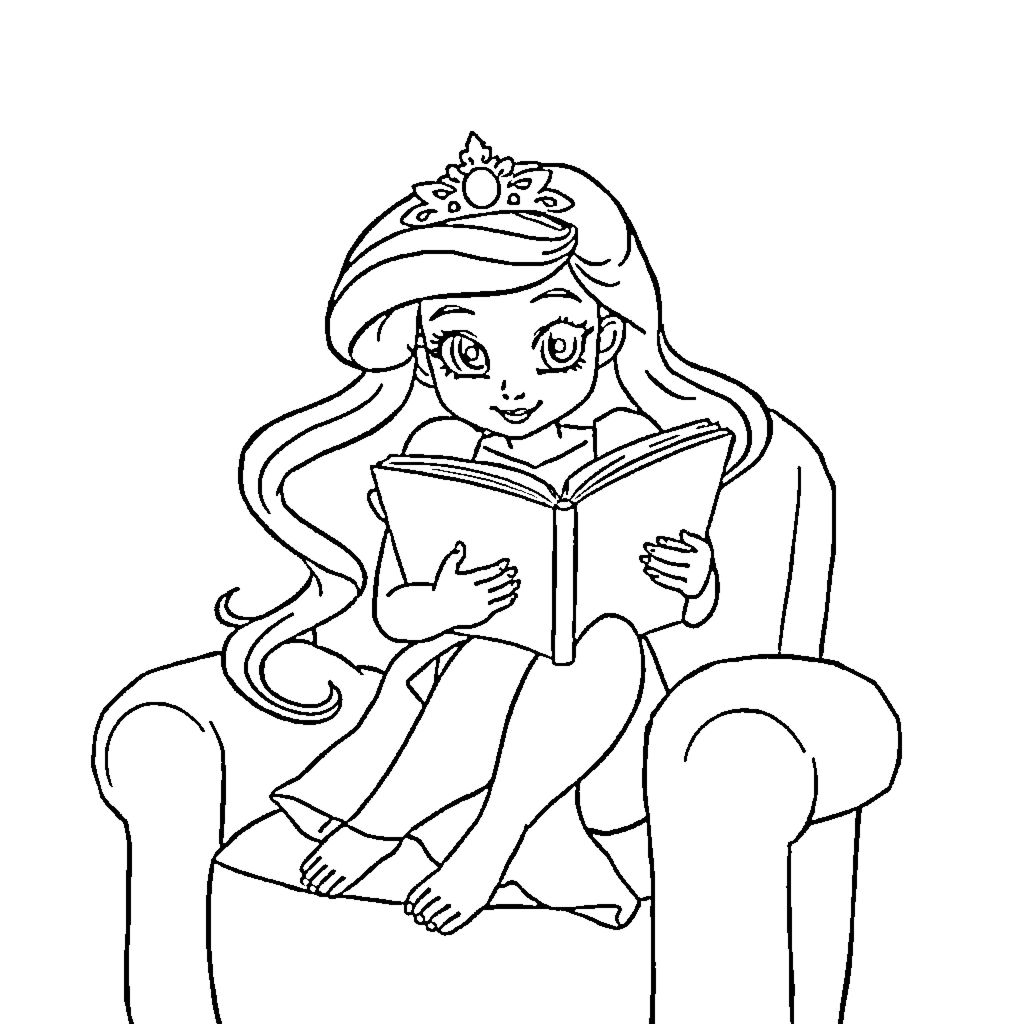 Princess reading an enchanting book Coloring Page (free black-and-white line drawing printable PDF for all, from beginners to advanced learners, including children, teens, adults, and seniors)