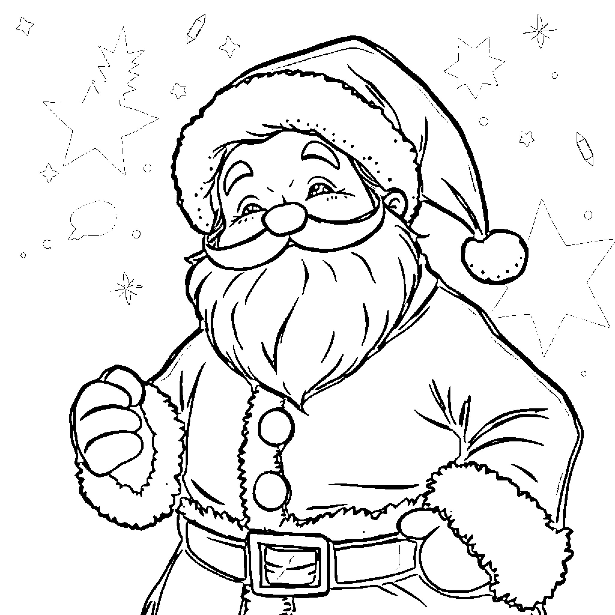 Babbo Natale waving cheerfully with holiday decor Coloring Page (free black-and-white line drawing printable PDF for all, from beginners to advanced learners, including children, teens, adults, and seniors)