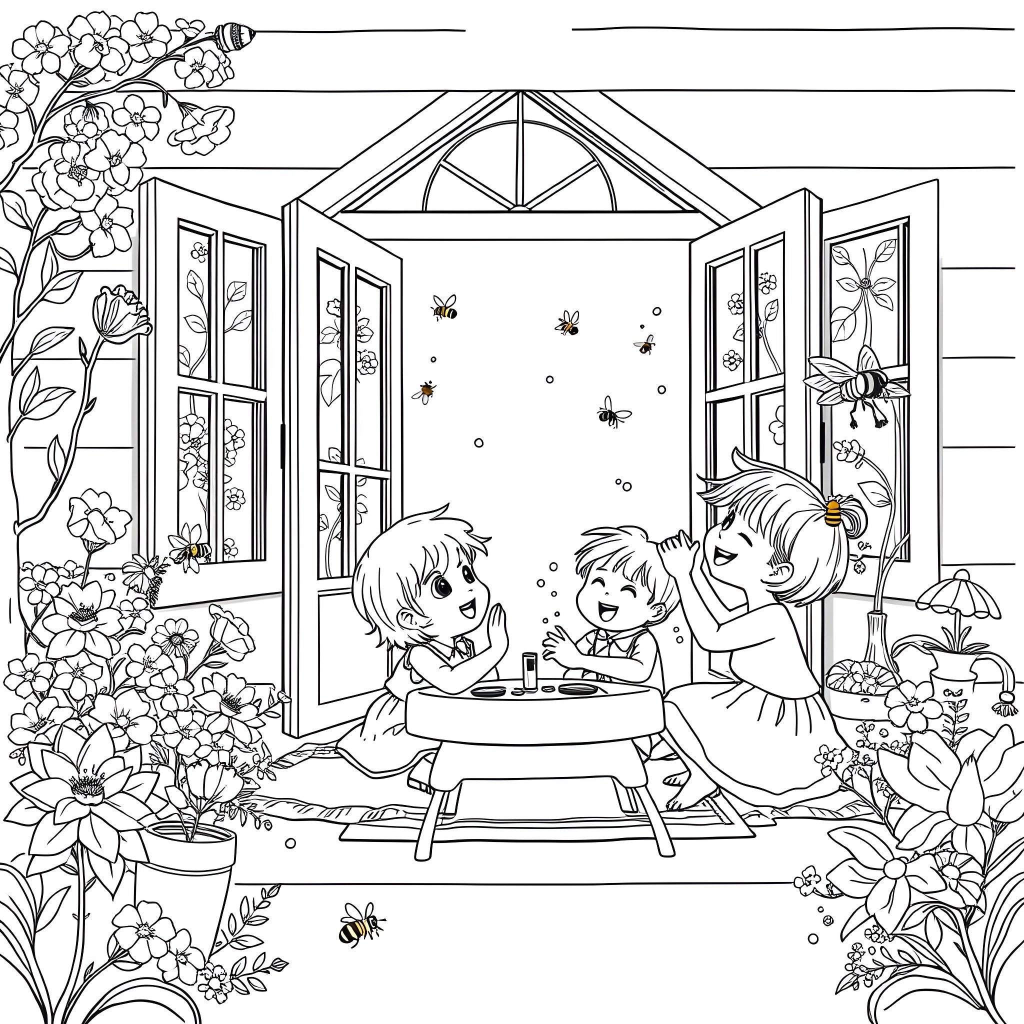 Kid enjoying snacks with friends in flower garden Coloring Page (free black-and-white line drawing printable PDF for all, from beginners to advanced learners, including children, teens, adults, and seniors)