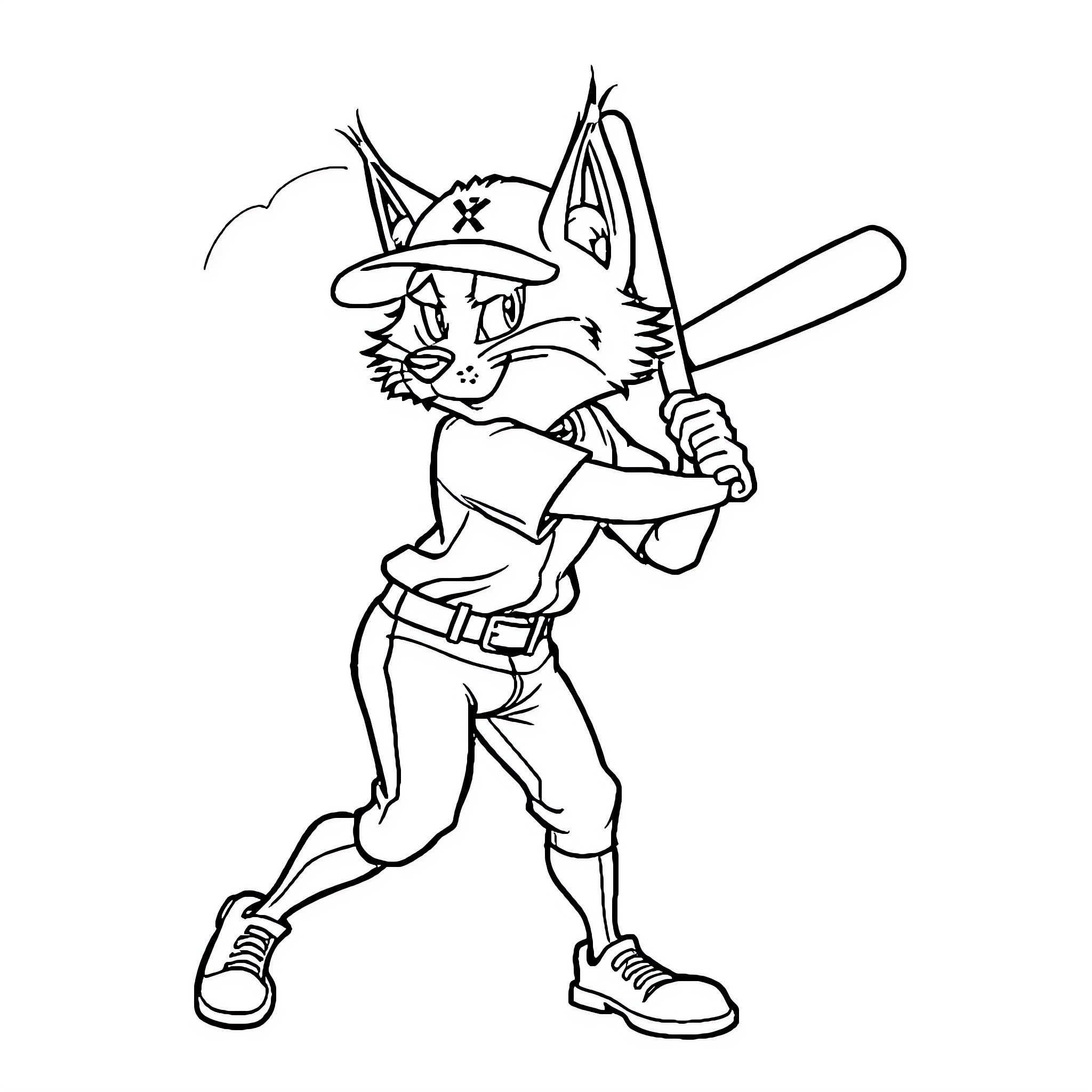 Lynx playing baseball with a bat Coloring Page (free black-and-white line drawing printable PDF for all, from beginners to advanced learners, including children, teens, adults, and seniors)