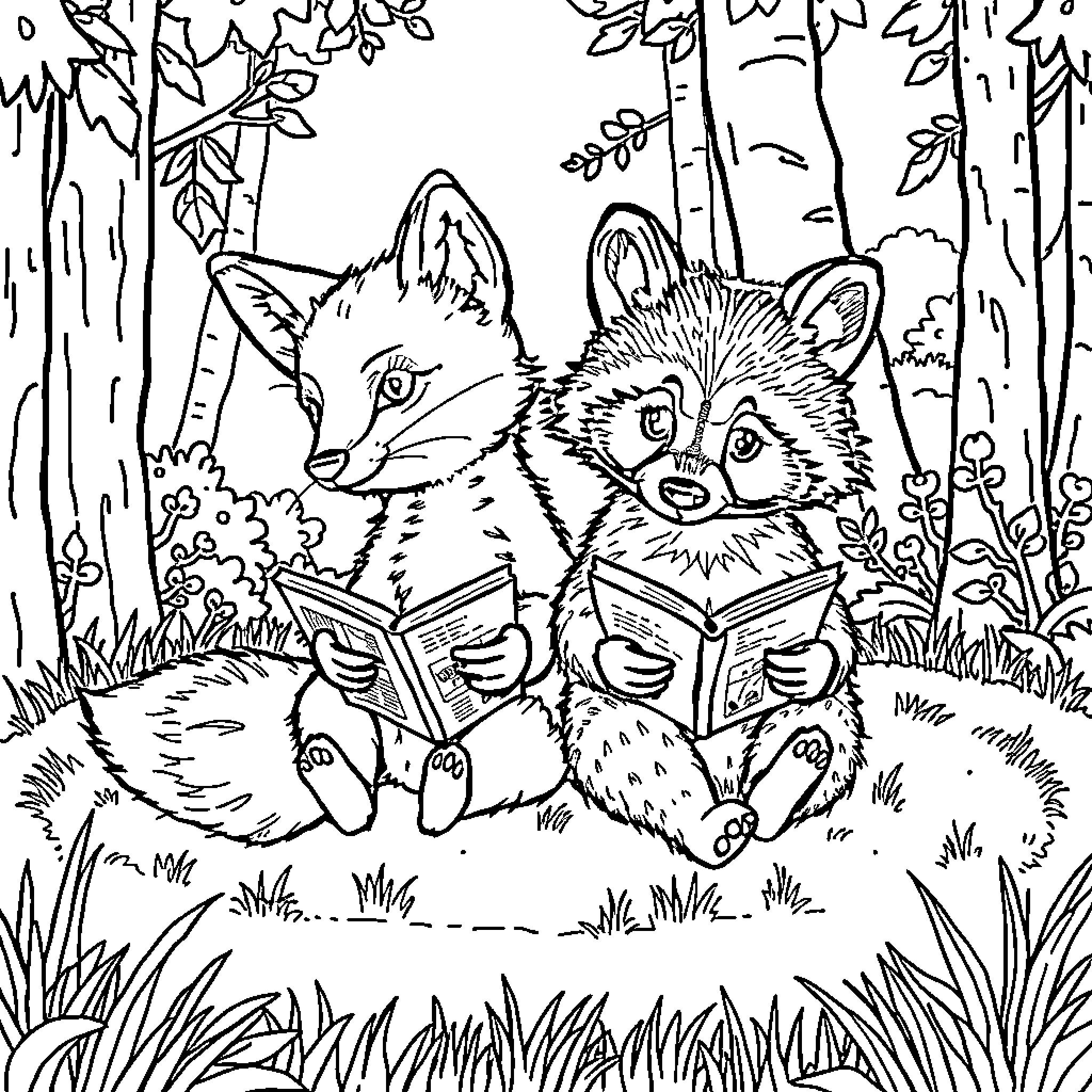 Fox Duo Reading Books in the Forest Coloring Page (free black-and-white line drawing printable PDF for all, from beginners to advanced learners, including children, teens, adults, and seniors)