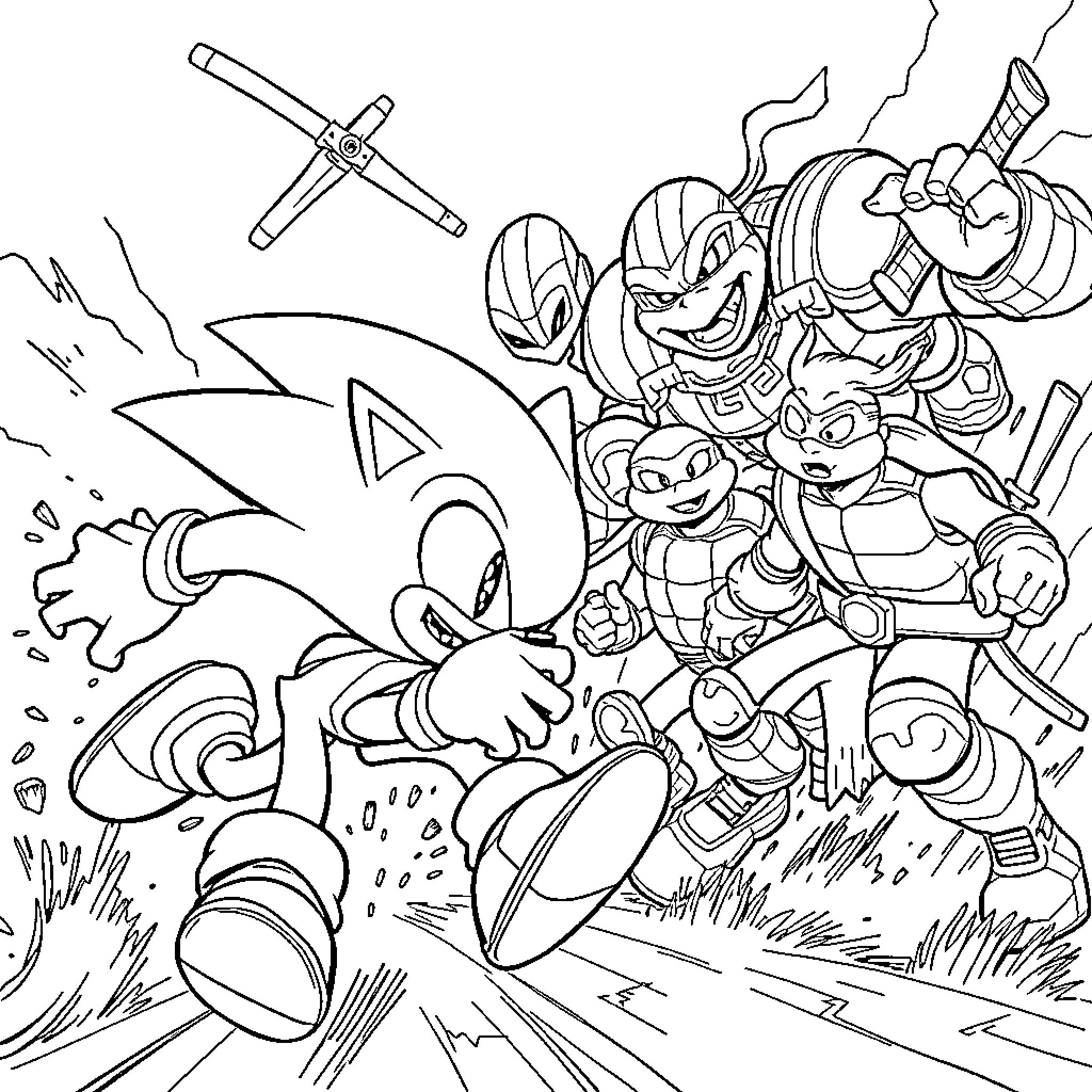 Sonic in Action-Packed Encounter Coloring Page (free black-and-white line drawing printable PDF for all, from beginners to advanced learners, including children, teens, adults, and seniors)