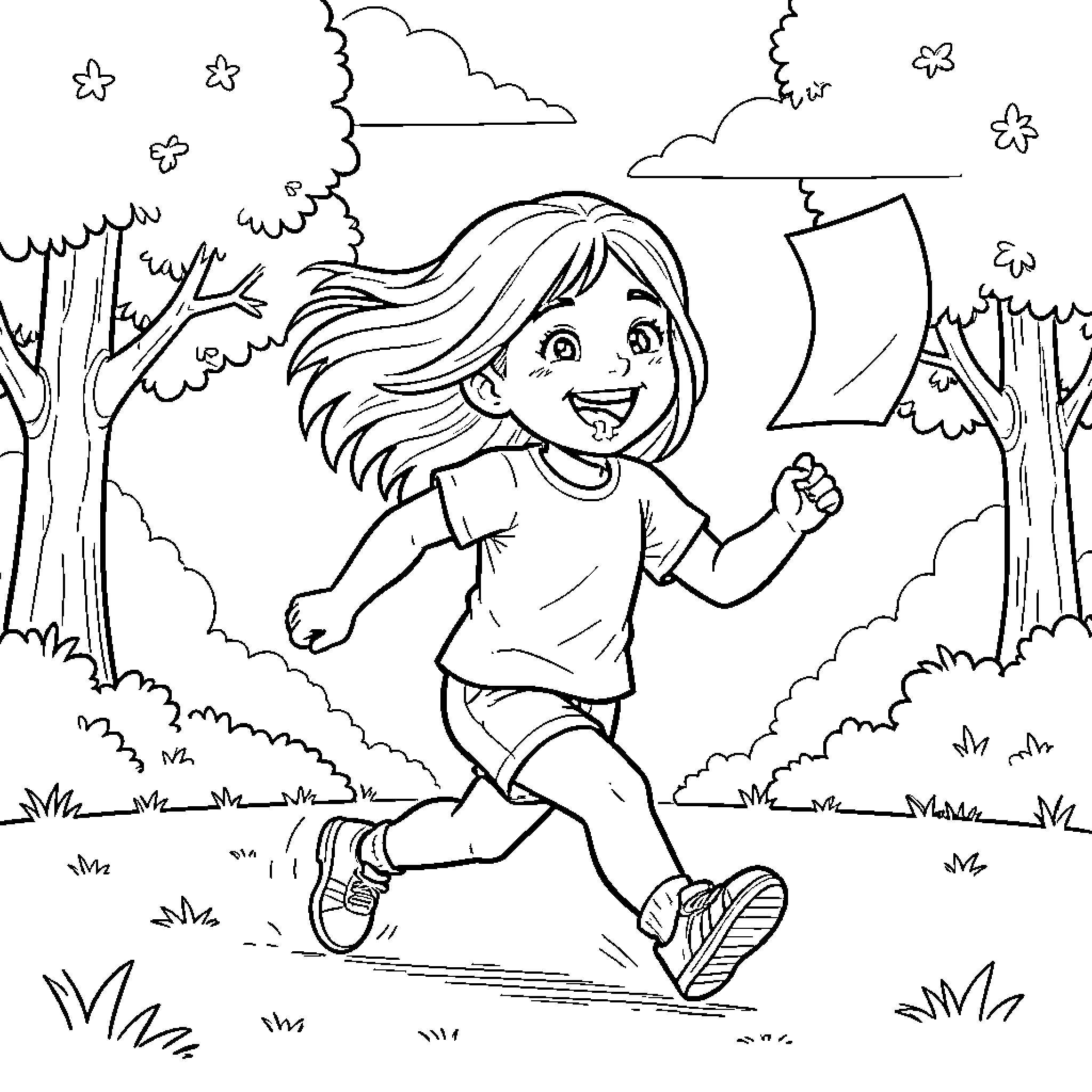 Zineb running joyfully through a park with a paper Coloring Page (free black-and-white line drawing printable PDF for all, from beginners to advanced learners, including children, teens, adults, and seniors)