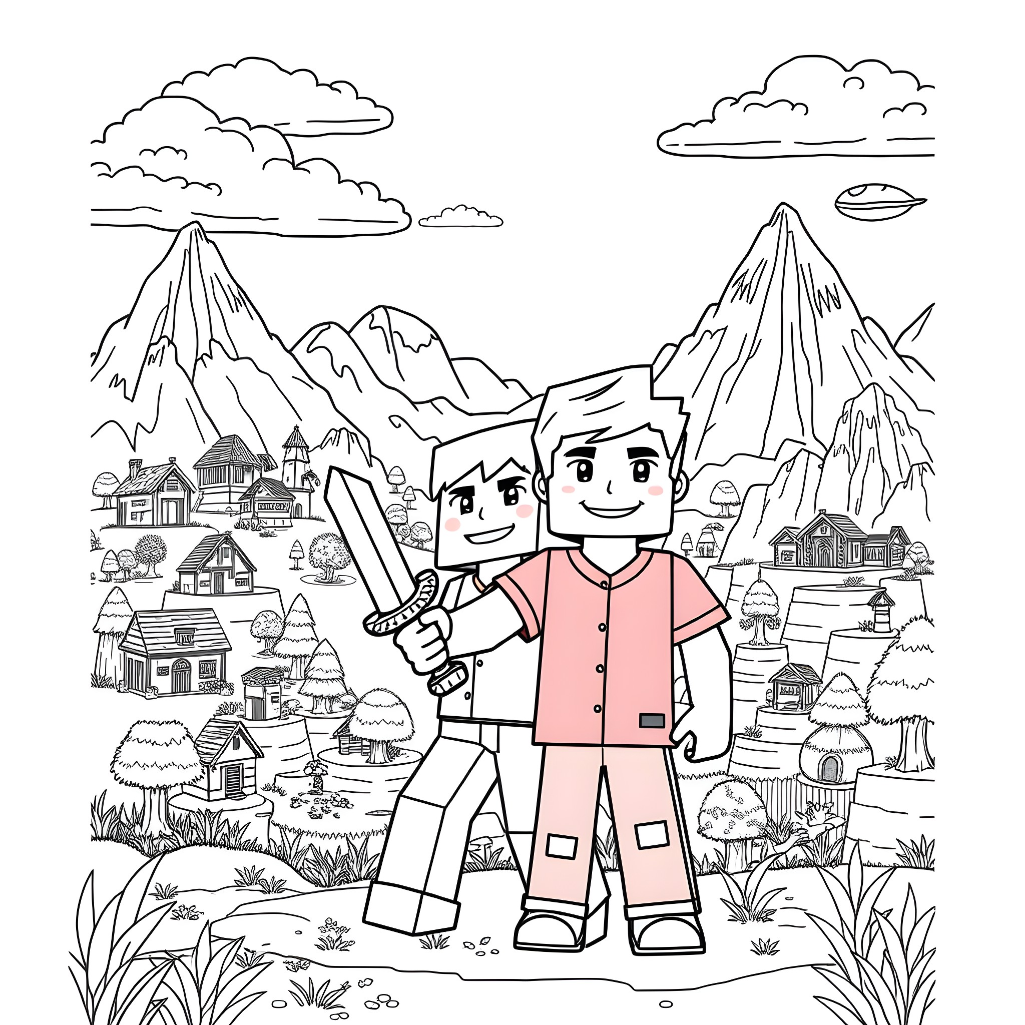 Minecraft Villagers and Landscape Coloring Page (free black-and-white line drawing printable PDF for all, from beginners to advanced learners, including children, teens, adults, and seniors)