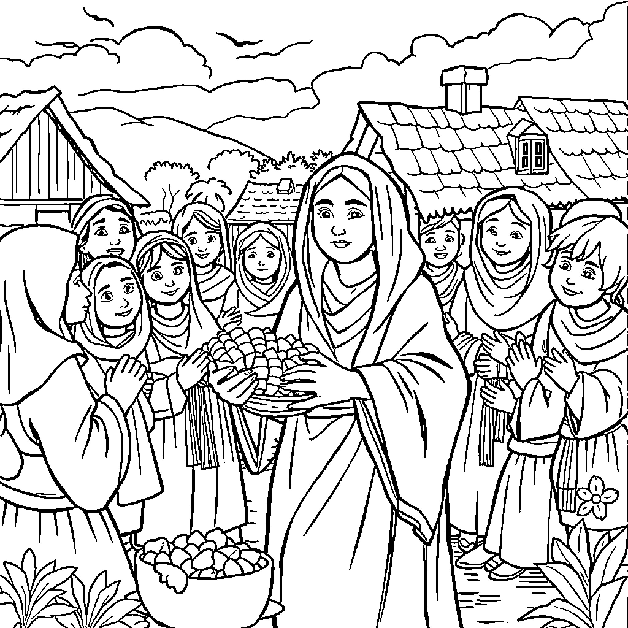 Tabitha and her family in a rural village Coloring Page (free black-and-white line drawing printable PDF for all, from beginners to advanced learners, including children, teens, adults, and seniors)