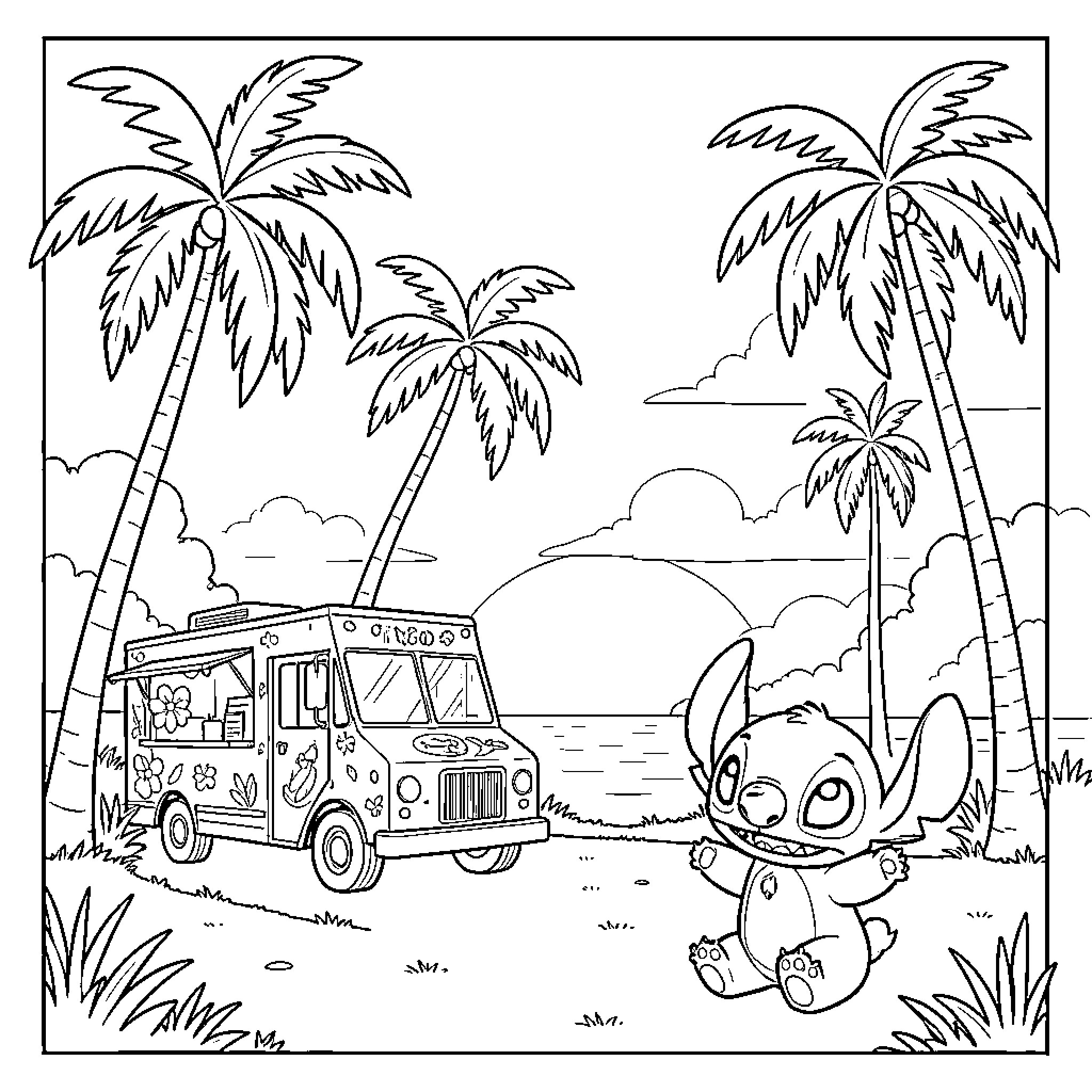 Palm trees surrounding a food truck and Stitch Coloring Page (free black-and-white line drawing printable PDF for all, from beginners to advanced learners, including children, teens, adults, and seniors)