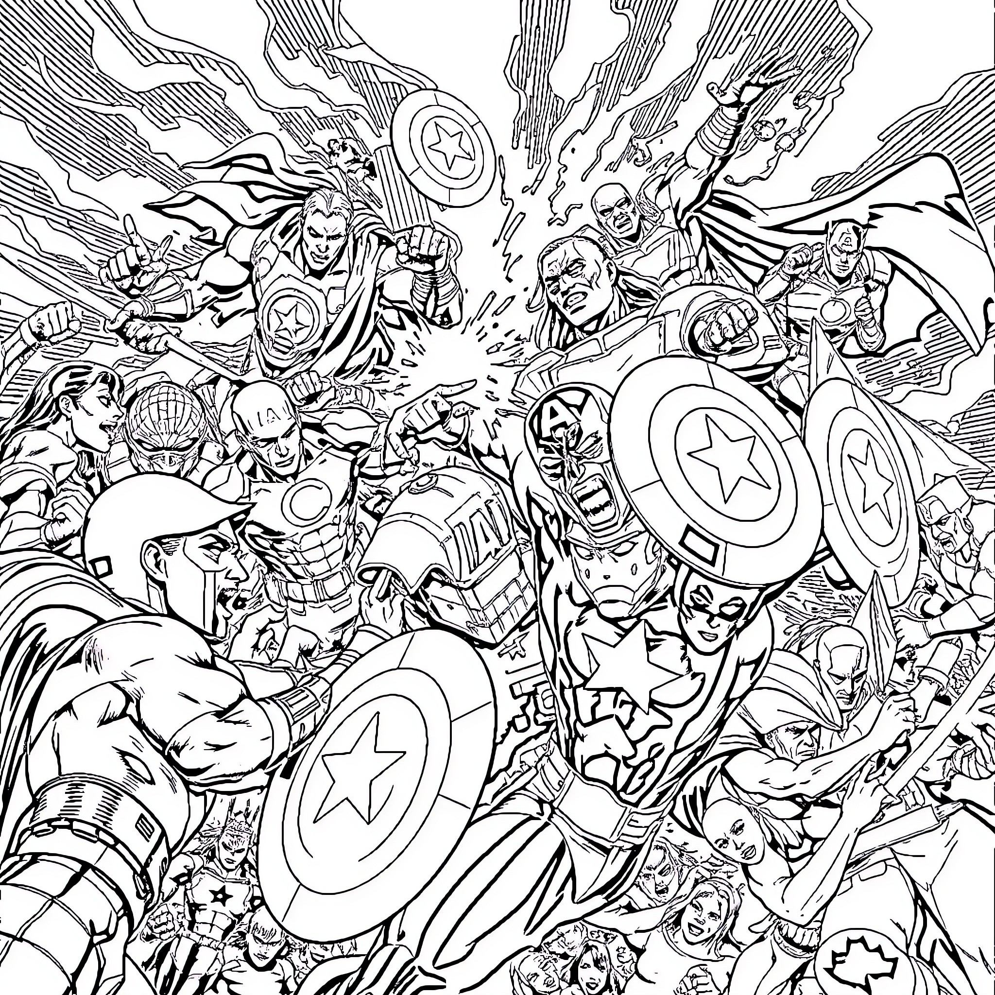 Avenger heroes in epic battle formation Coloring Page (free black-and-white line drawing printable PDF for all, from beginners to advanced learners, including children, teens, adults, and seniors)