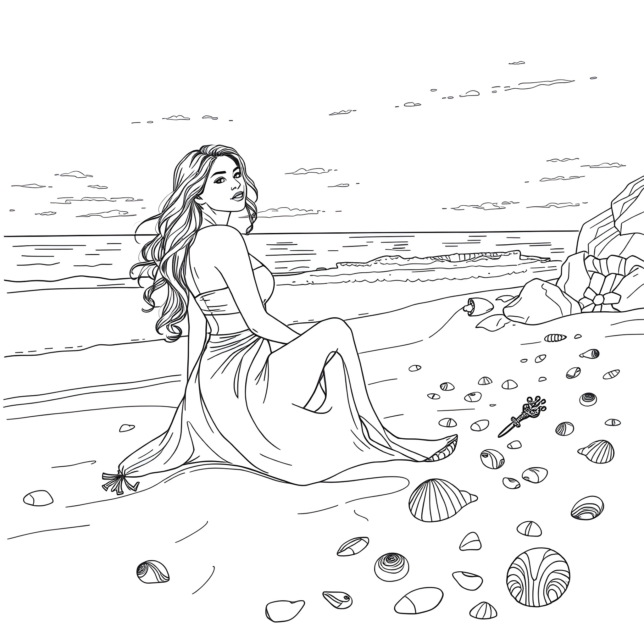 Woman gazing at the scenic ocean view Coloring Page (free black-and-white line drawing printable PDF for all, from beginners to advanced learners, including children, teens, adults, and seniors)