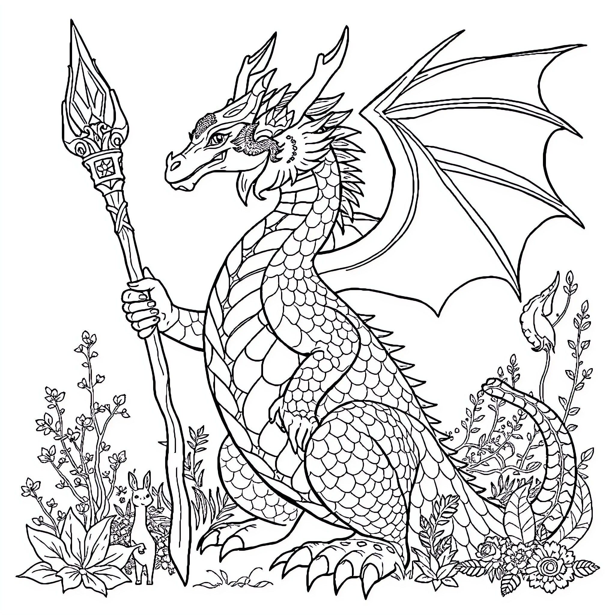 Dragon warrior wielding a spear in a fantastical landscape Coloring Page (free black-and-white line drawing printable PDF for all, from beginners to advanced learners, including children, teens, adults, and seniors)