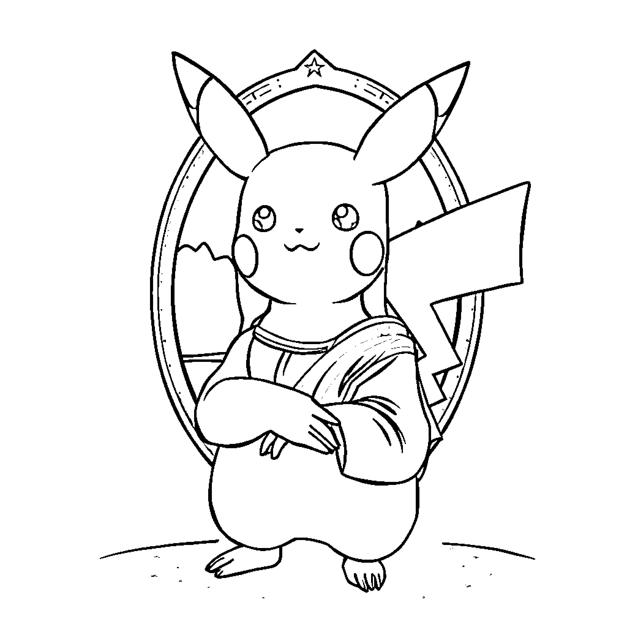 Pikachu posing in a famous artistic frame Coloring Page (free black-and-white line drawing printable PDF for all, from beginners to advanced learners, including children, teens, adults, and seniors)