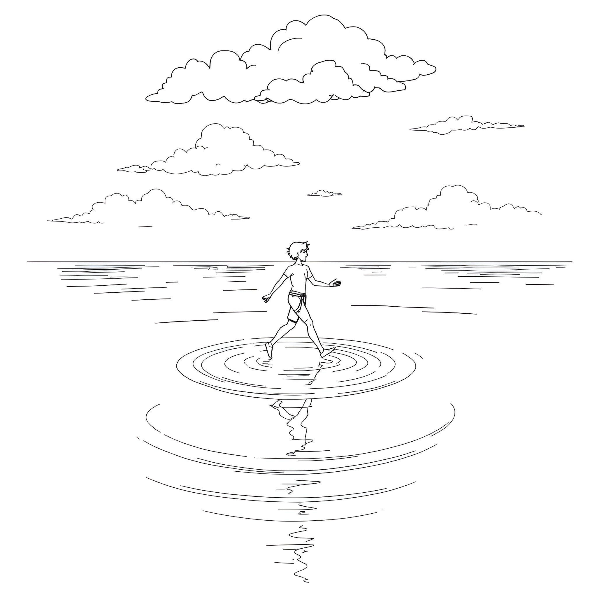 Water figure walking on the surface Coloring Page (free black-and-white line drawing printable PDF for all, from beginners to advanced learners, including children, teens, adults, and seniors)