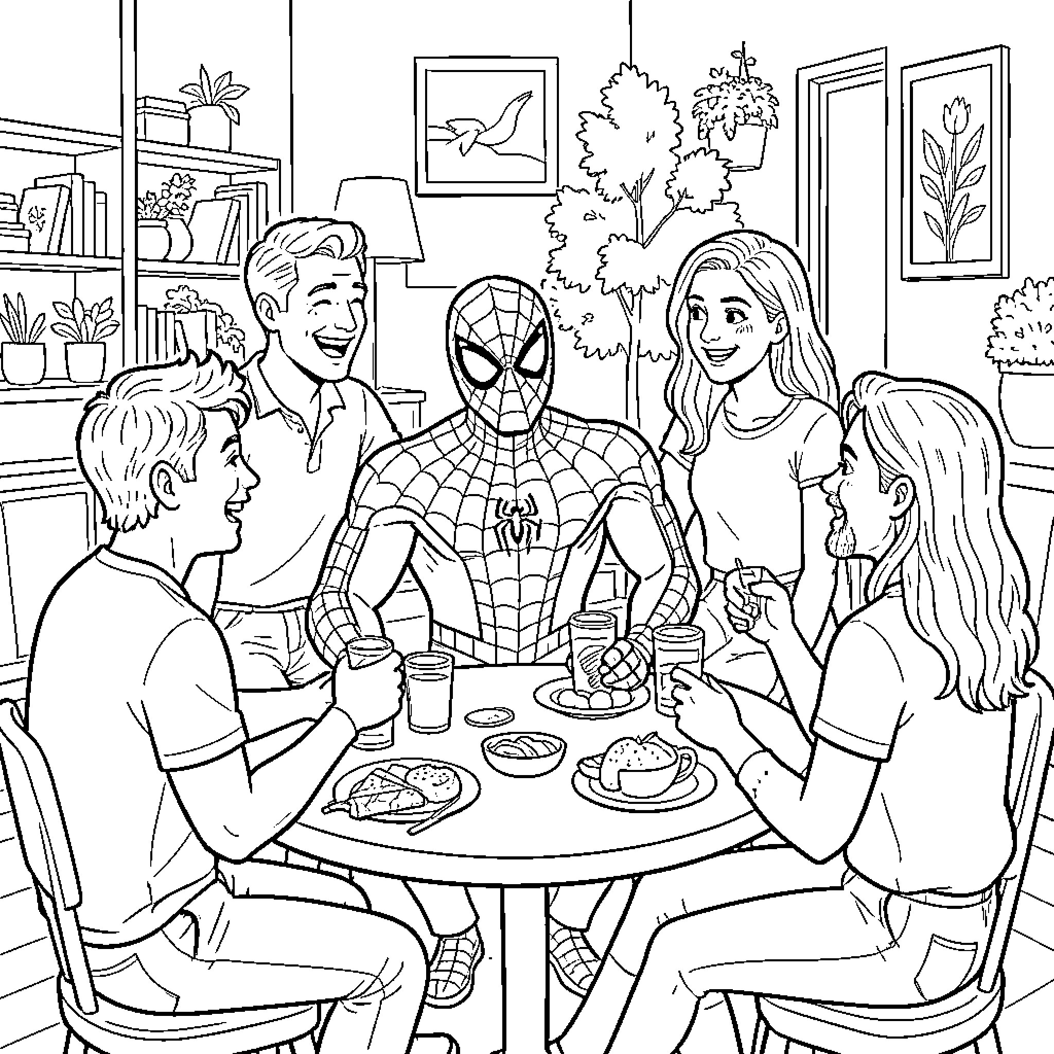Spiderman dining and laughing with a group of friends Coloring Page (free black-and-white line drawing printable PDF for all, from beginners to advanced learners, including children, teens, adults, and seniors)