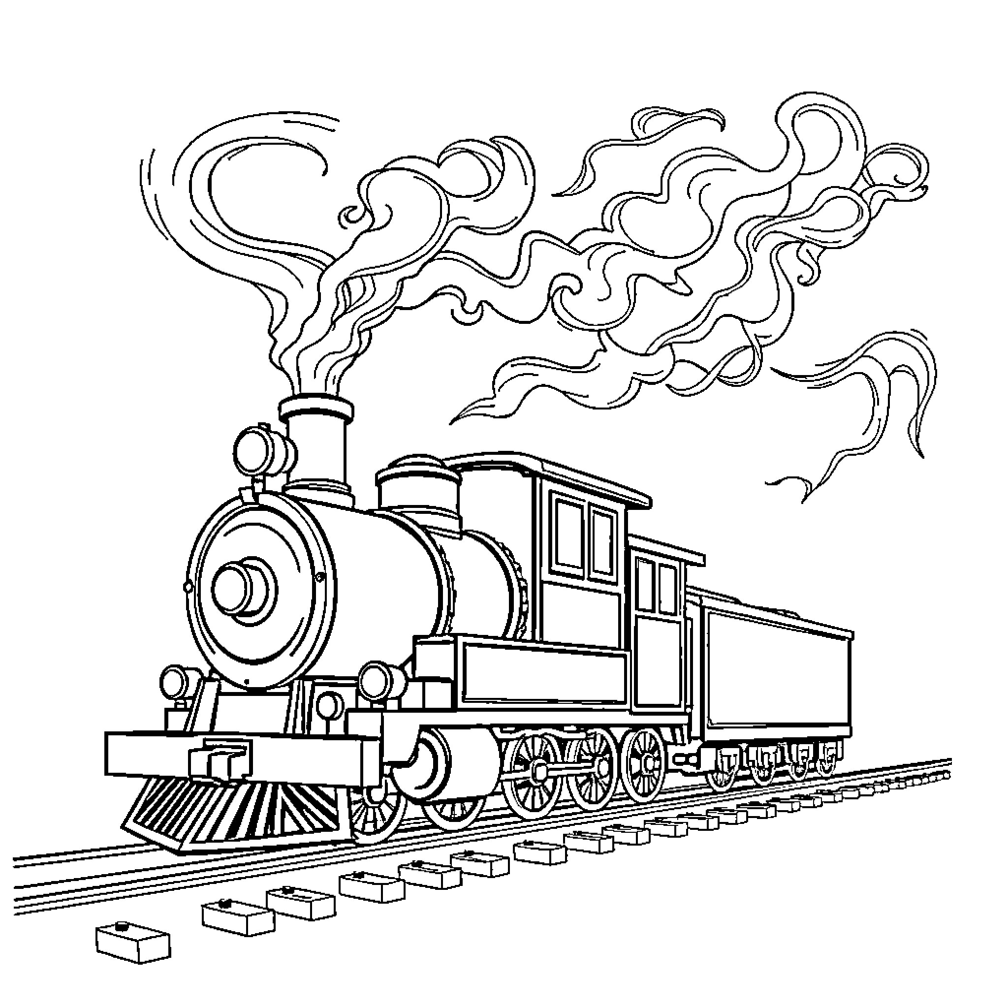 Train steaming down the tracks Coloring Page (free black-and-white line drawing printable PDF for all, from beginners to advanced learners, including children, teens, adults, and seniors)