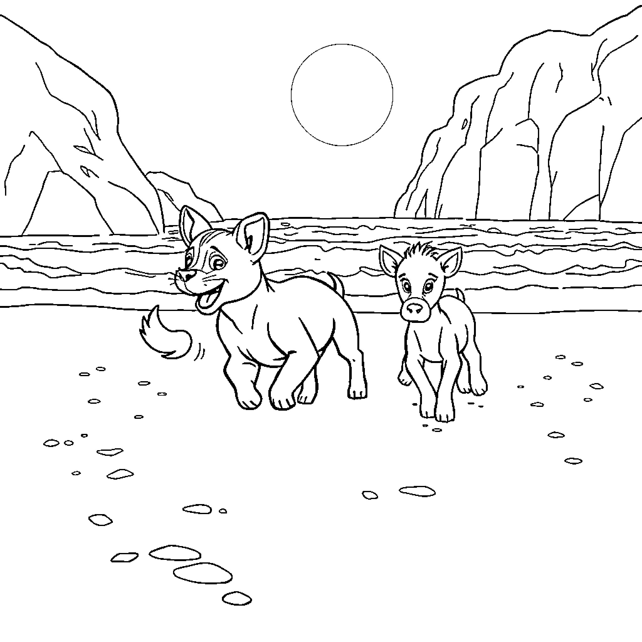 Puppy playing on the beach with friend Coloring Page (free black-and-white line drawing printable PDF for all, from beginners to advanced learners, including children, teens, adults, and seniors)