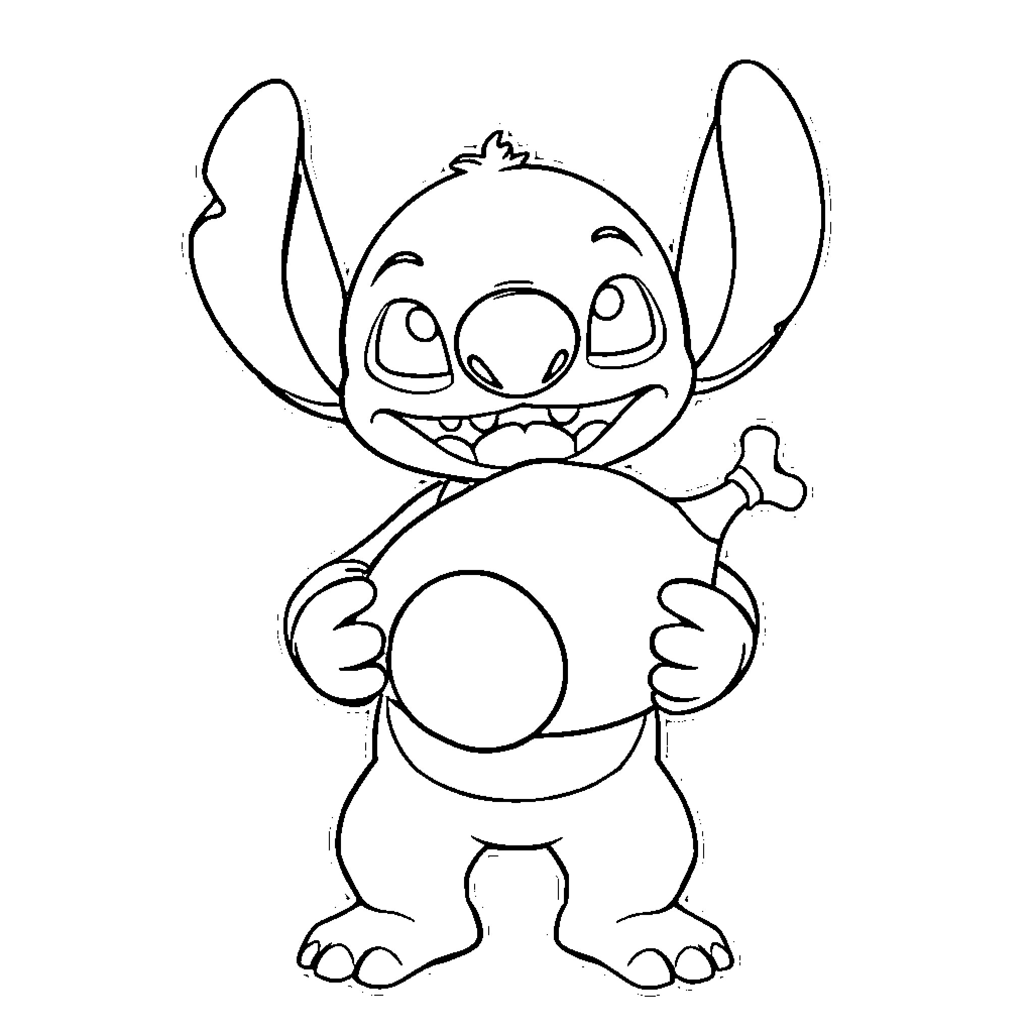 Stitch excitedly holding a bone Coloring Page (free black-and-white line drawing printable PDF for all, from beginners to advanced learners, including children, teens, adults, and seniors)