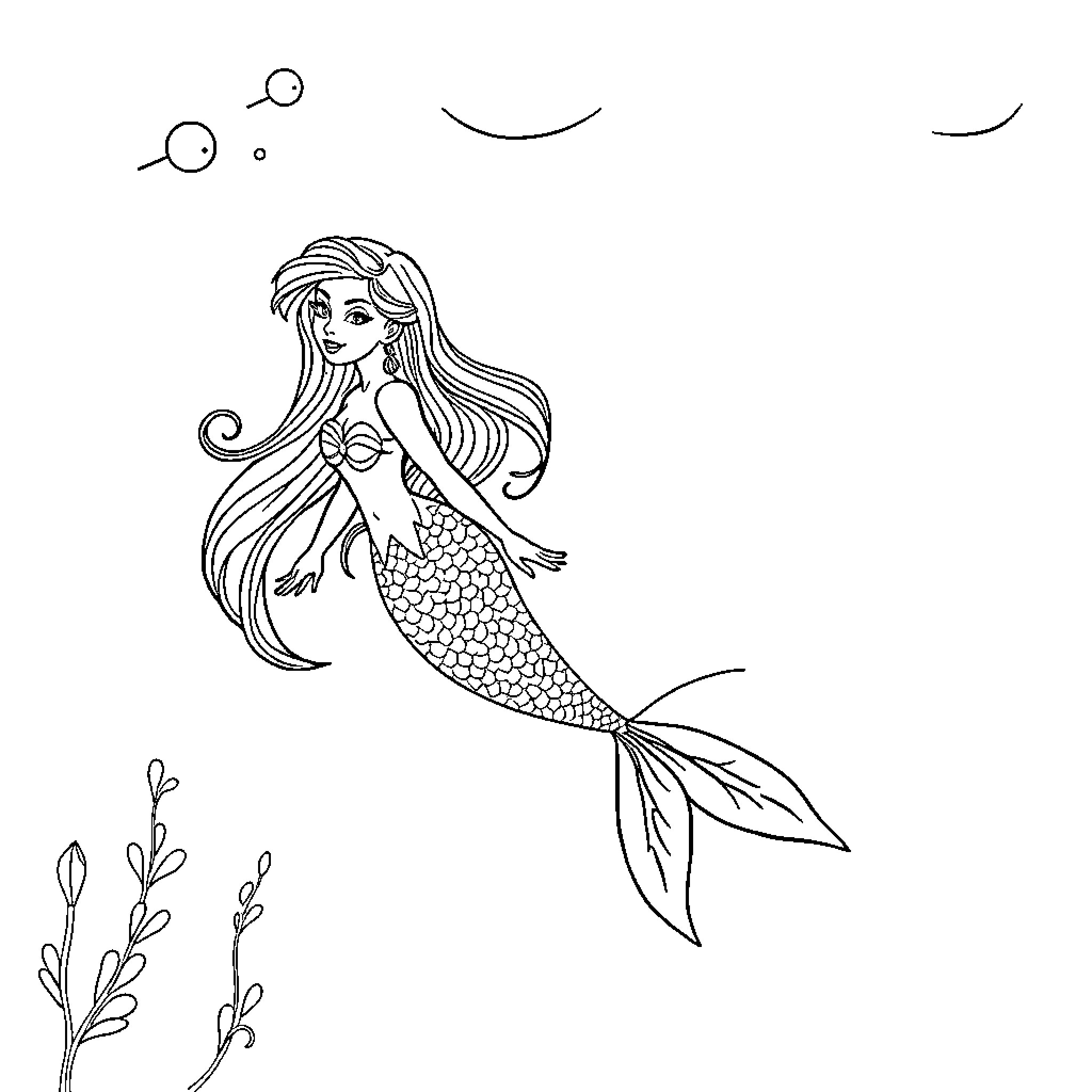 Mermaid swimming with grace and elegance Coloring Page (free black-and-white line drawing printable PDF for all, from beginners to advanced learners, including children, teens, adults, and seniors)