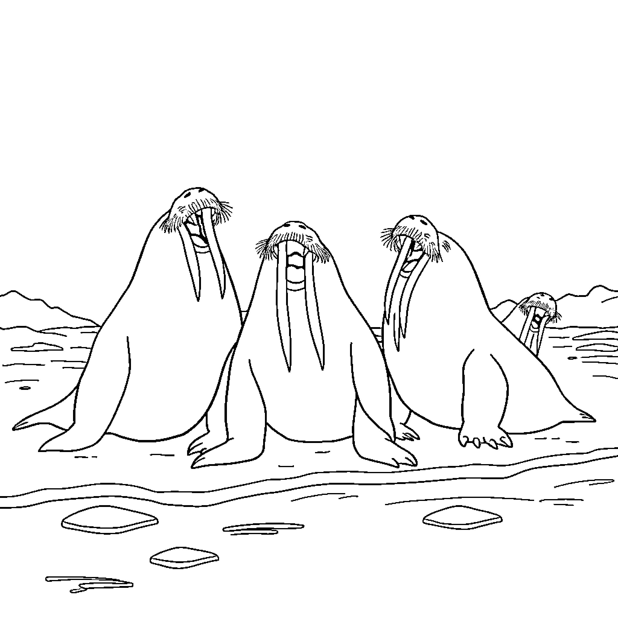 Walrus lounging on the icy shore Coloring Page (free black-and-white line drawing printable PDF for all, from beginners to advanced learners, including children, teens, adults, and seniors)