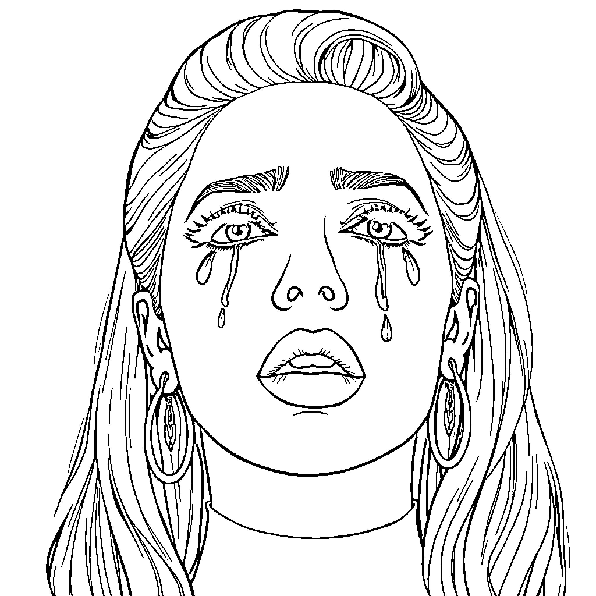 Lady Gaga's Emotional Portrait with Flowing Hair Coloring Page (free black-and-white line drawing printable PDF for all, from beginners to advanced learners, including children, teens, adults, and seniors)