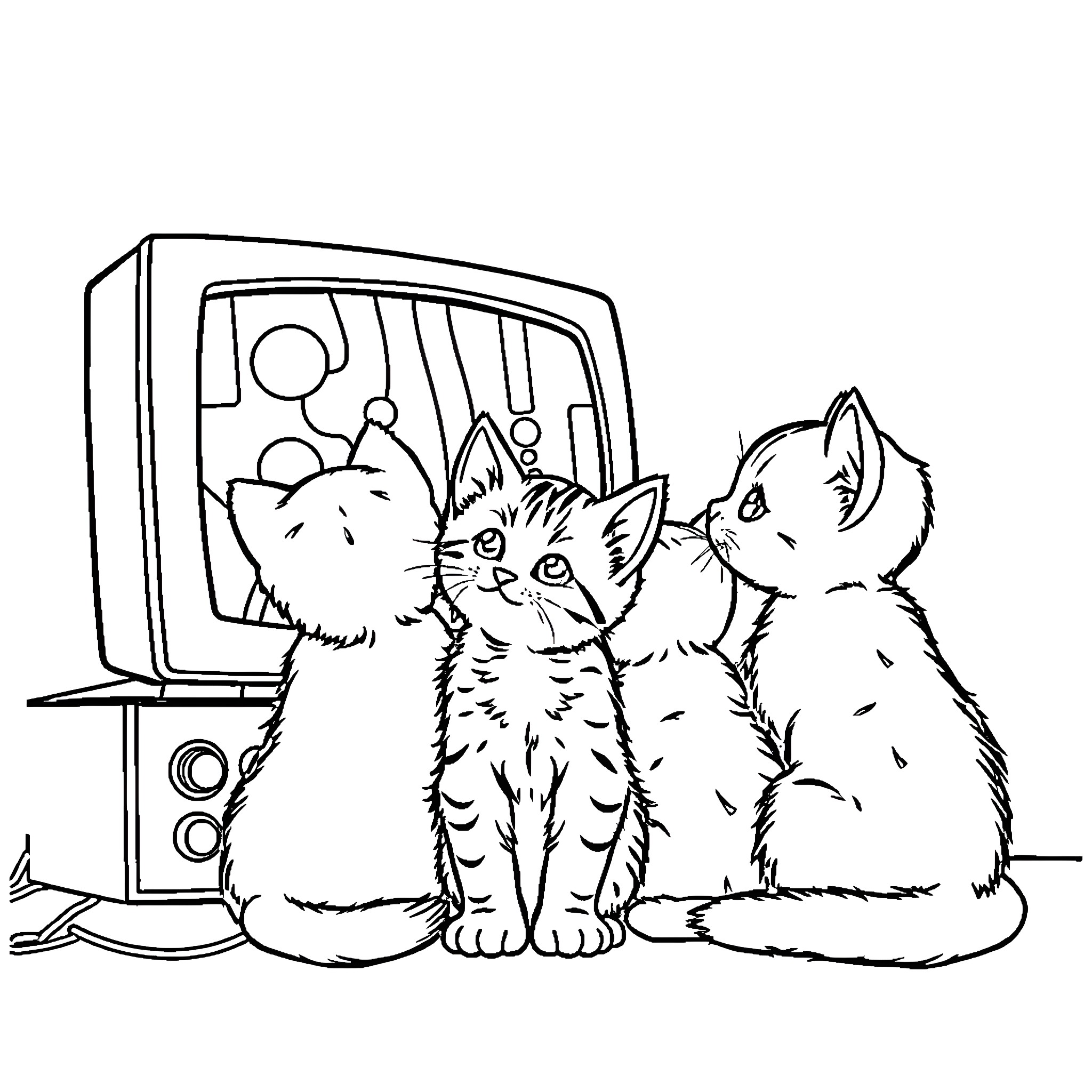 Kittens watching television together Coloring Page (free black-and-white line drawing printable PDF for all, from beginners to advanced learners, including children, teens, adults, and seniors)
