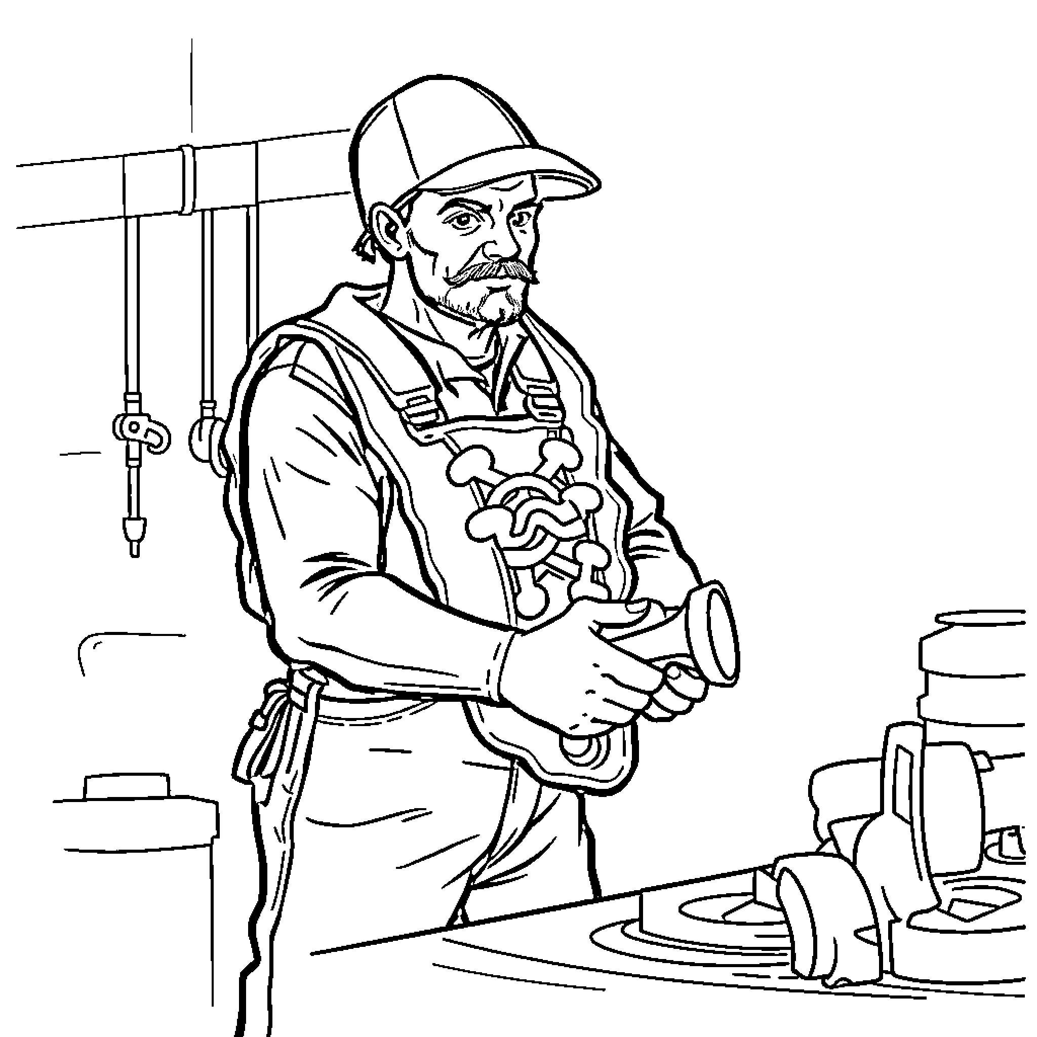 Taco Worker Repairing Tools at Construction Site Coloring Page (free black-and-white line drawing printable PDF for all, from beginners to advanced learners, including children, teens, adults, and seniors)