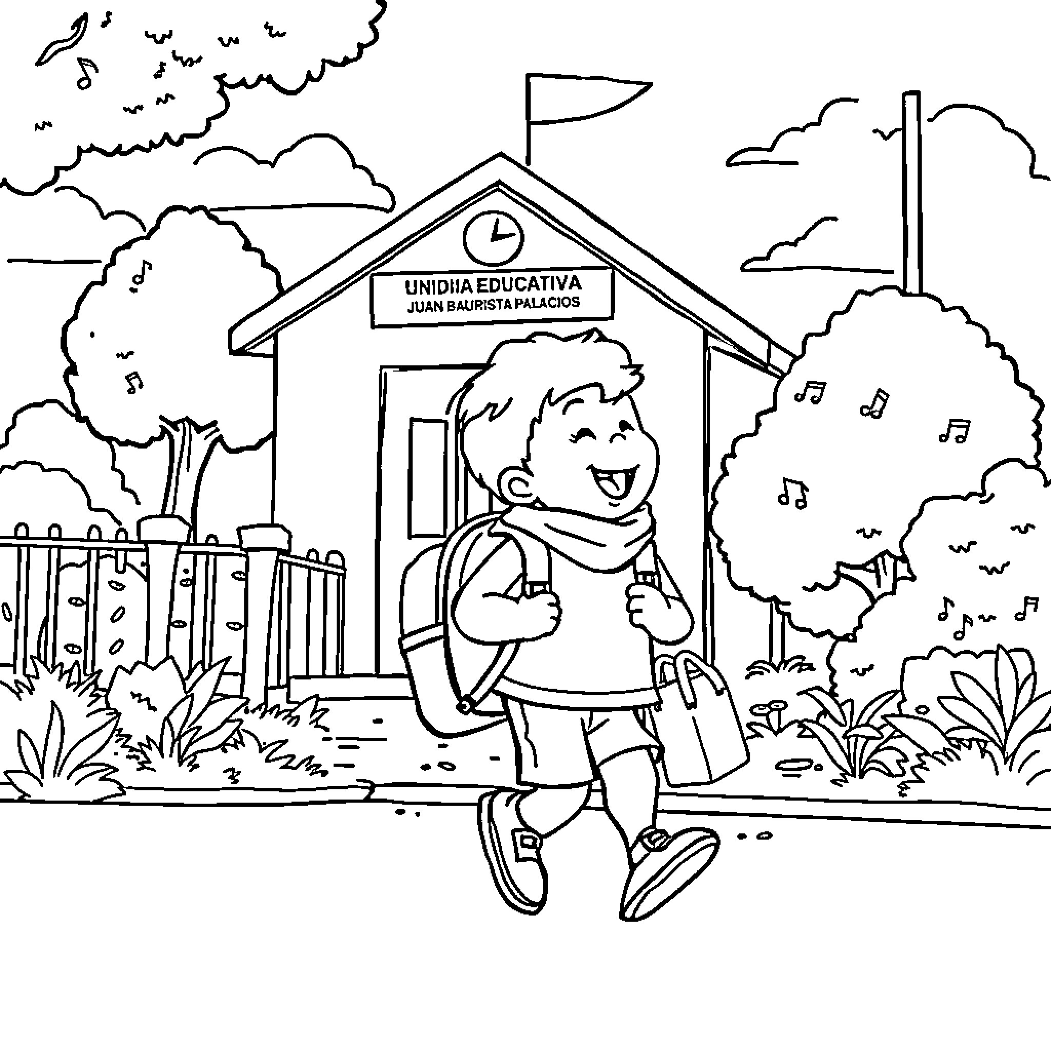 Pocoyo joyfully heading to school Coloring Page (free black-and-white line drawing printable PDF for all, from beginners to advanced learners, including children, teens, adults, and seniors)