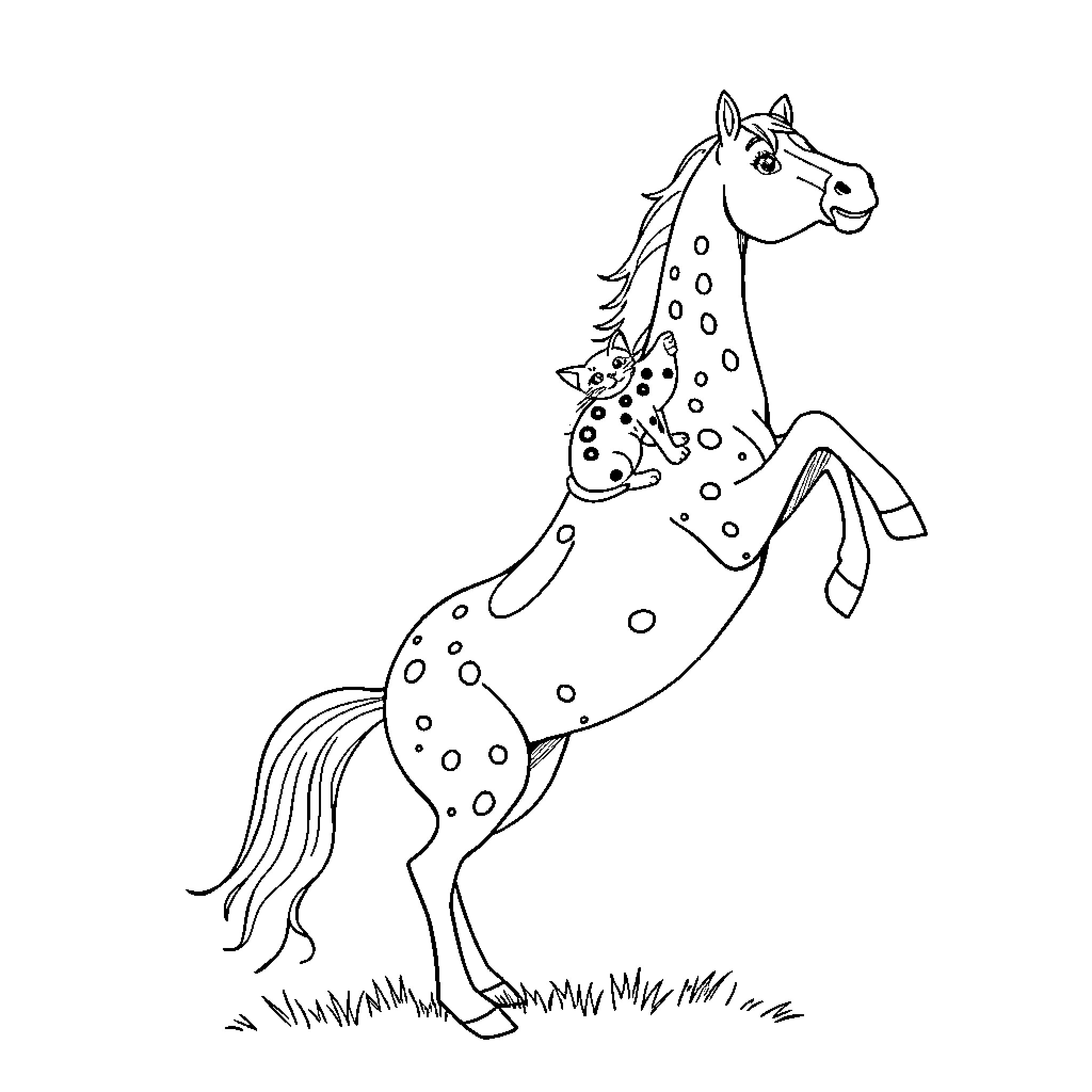 Horse jumping happily with spotted friends Coloring Page (free black-and-white line drawing printable PDF for all, from beginners to advanced learners, including children, teens, adults, and seniors)
