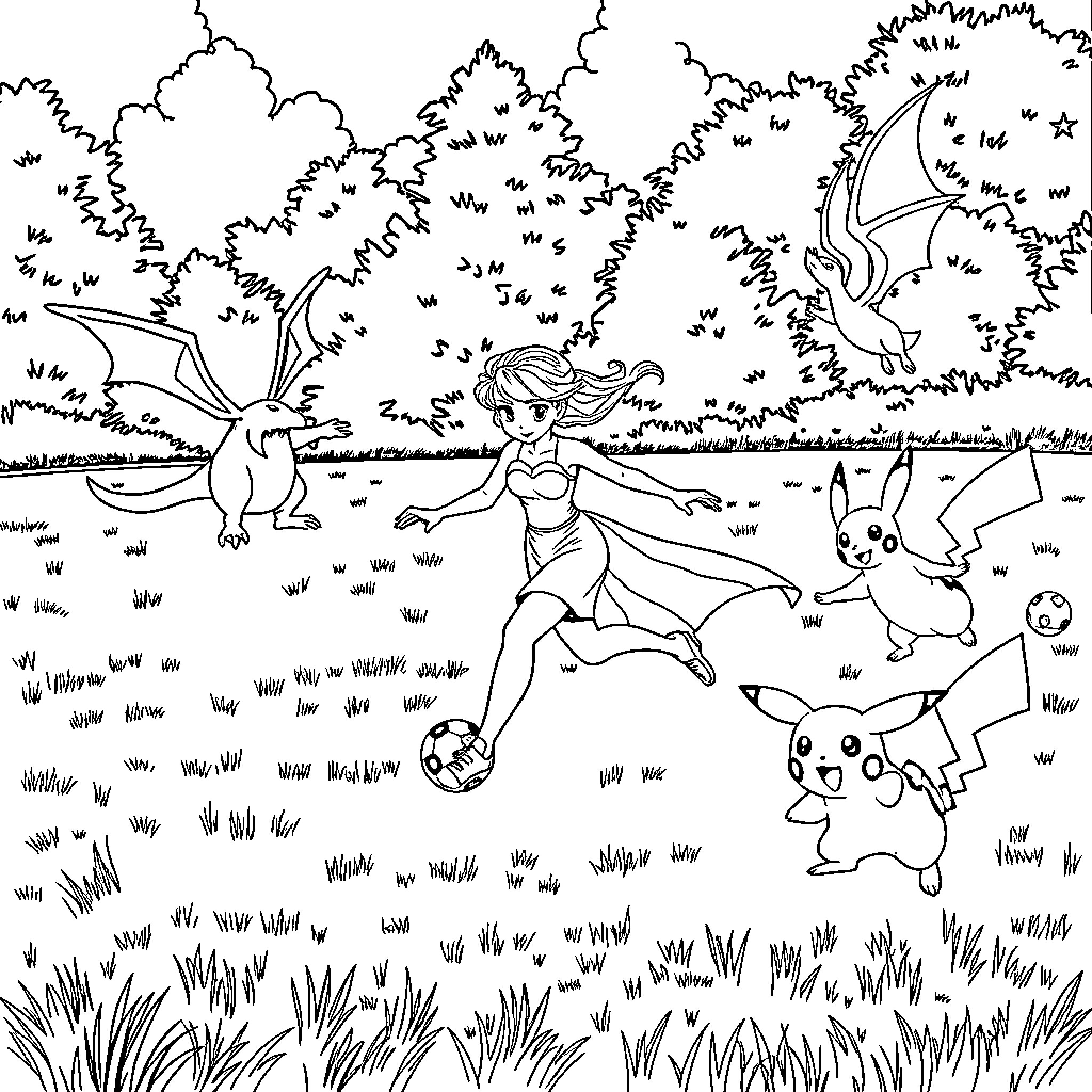 Elsa's Whimsical Adventure with Pikachu and Dragons Coloring Page (free black-and-white line drawing printable PDF for all, from beginners to advanced learners, including children, teens, adults, and seniors)