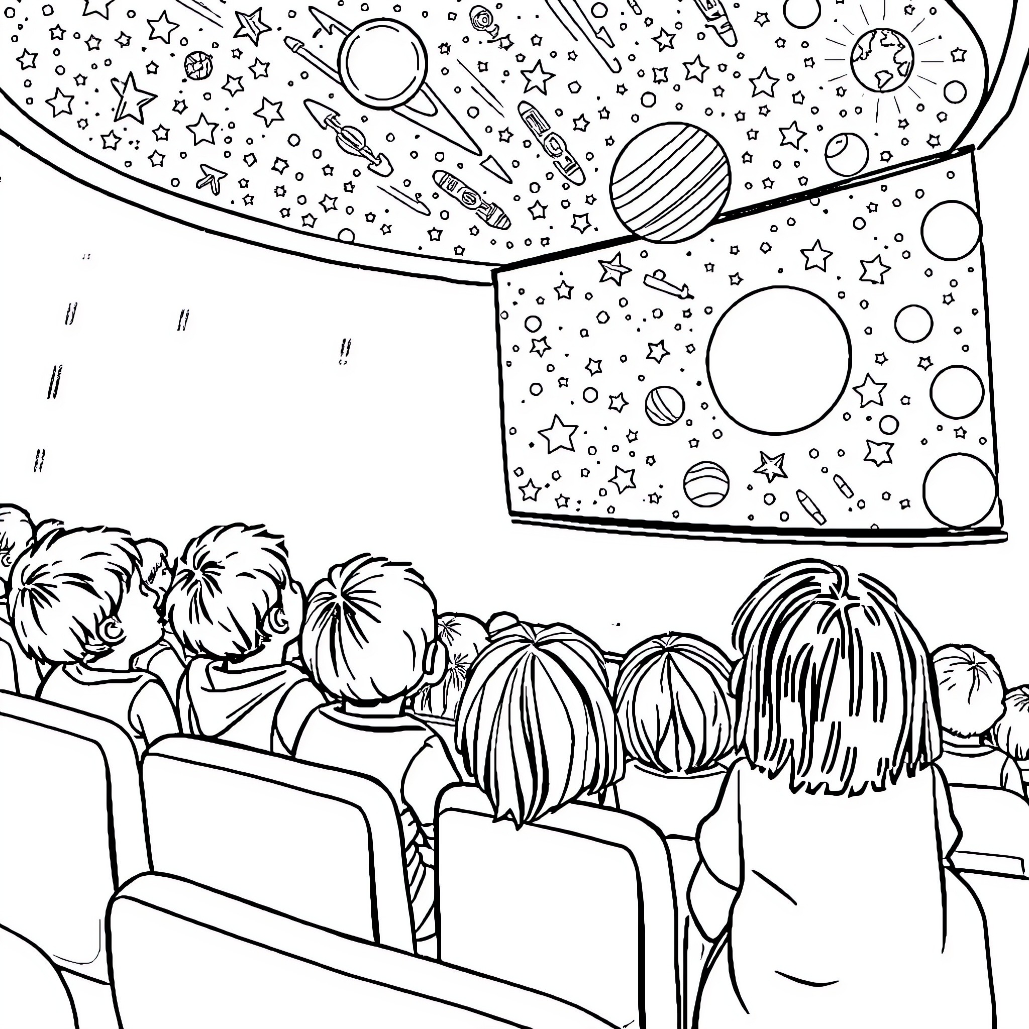 Child watching a space projection in a theater Coloring Page (free black-and-white line drawing printable PDF for all, from beginners to advanced learners, including children, teens, adults, and seniors)