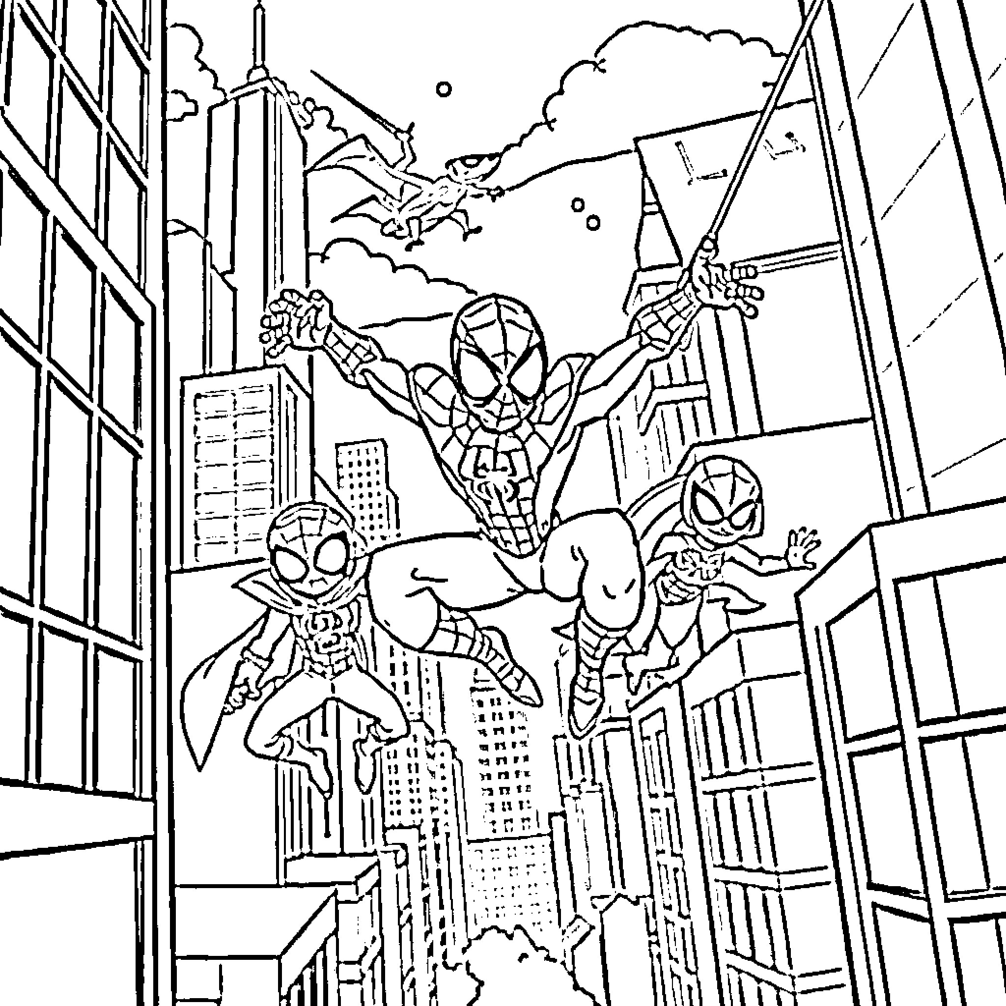 Spider-Heroes Swinging Through the City Coloring Page (free black-and-white line drawing printable PDF for all, from beginners to advanced learners, including children, teens, adults, and seniors)