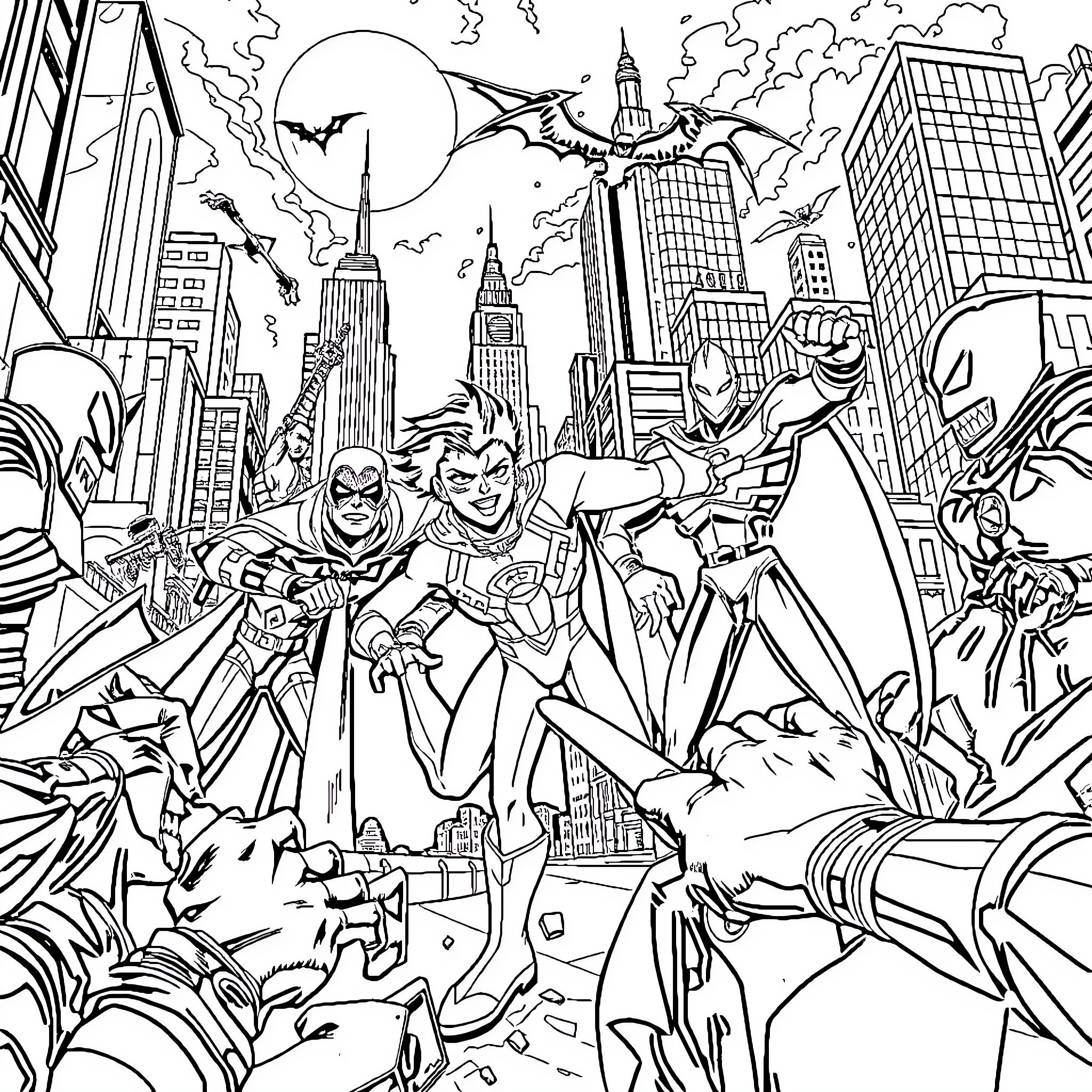 Teen Titans Saving the City from Villains Coloring Page (free black-and-white line drawing printable PDF for all, from beginners to advanced learners, including children, teens, adults, and seniors)