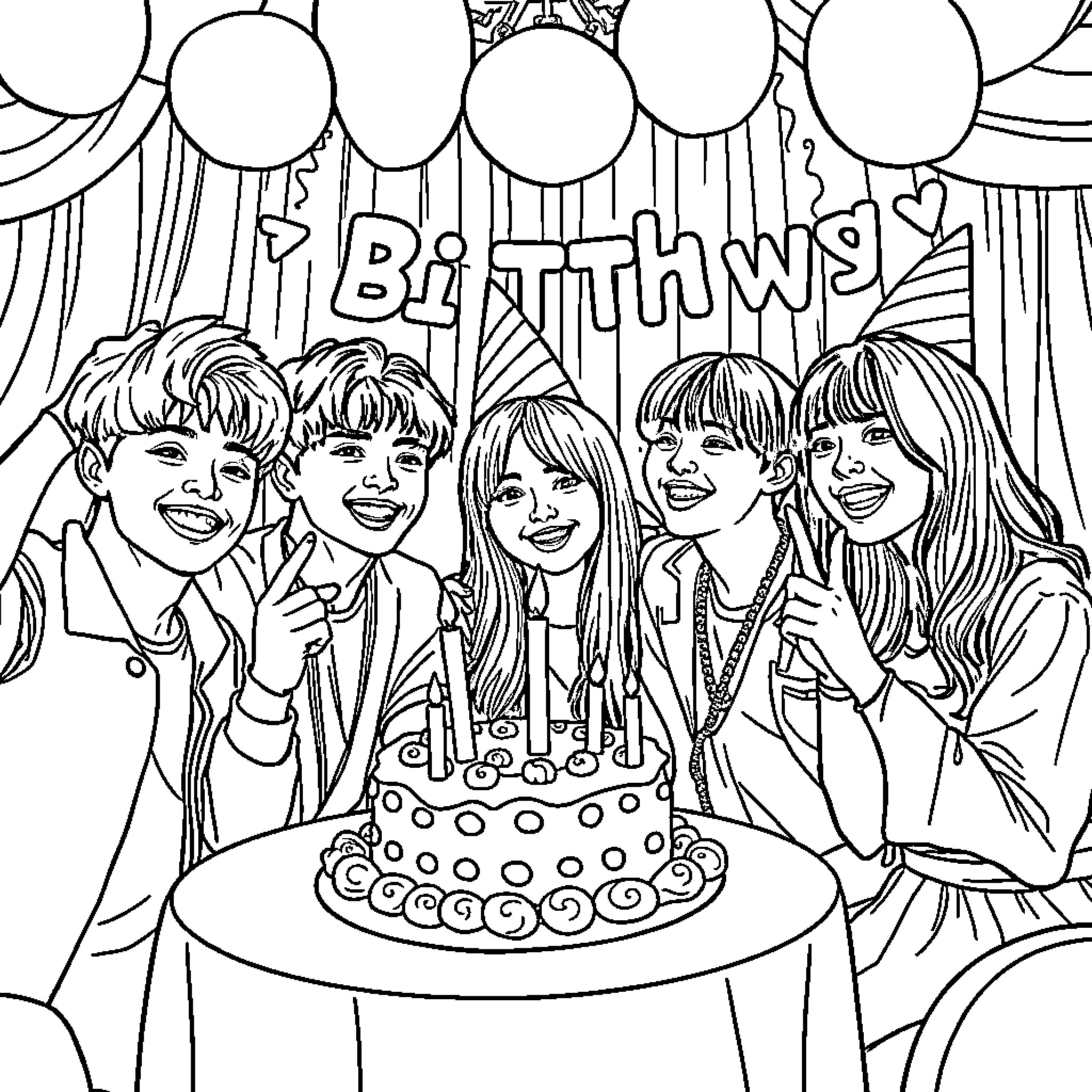 K-pop Hunter's Colorful Birthday Celebration Coloring Page (free black-and-white line drawing printable PDF for all, from beginners to advanced learners, including children, teens, adults, and seniors)