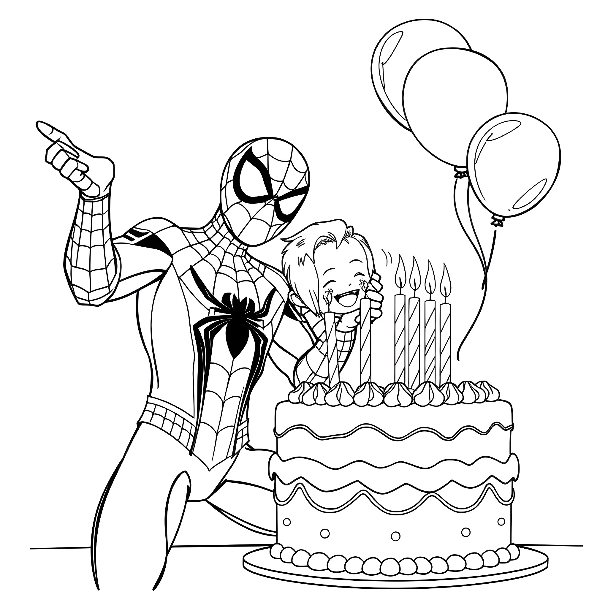 Spiderman Celebrating Birthday with Cake and Balloons Coloring Page (free black-and-white line drawing printable PDF for all, from beginners to advanced learners, including children, teens, adults, and seniors)