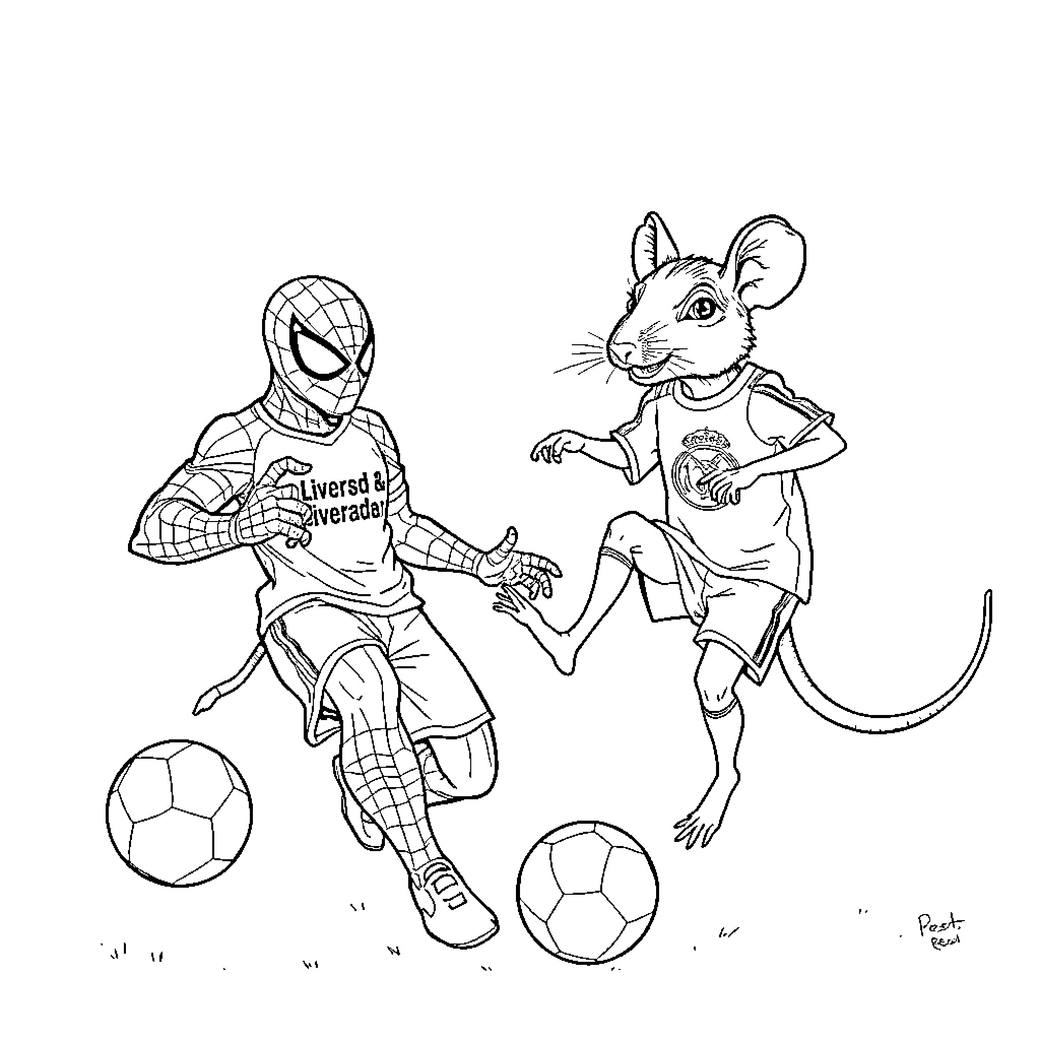 Spiderman and Mouse Playing Soccer on the Field Coloring Page (free black-and-white line drawing printable PDF for all, from beginners to advanced learners, including children, teens, adults, and seniors)