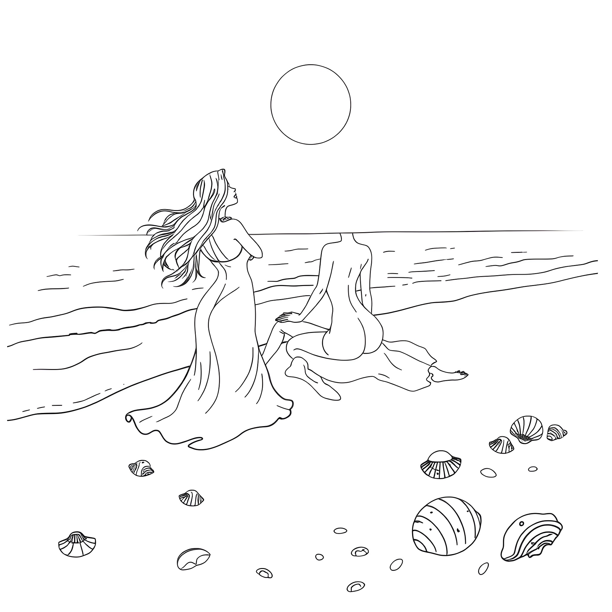 Women relaxing on the beach Coloring Page (free black-and-white line drawing printable PDF for all, from beginners to advanced learners, including children, teens, adults, and seniors)