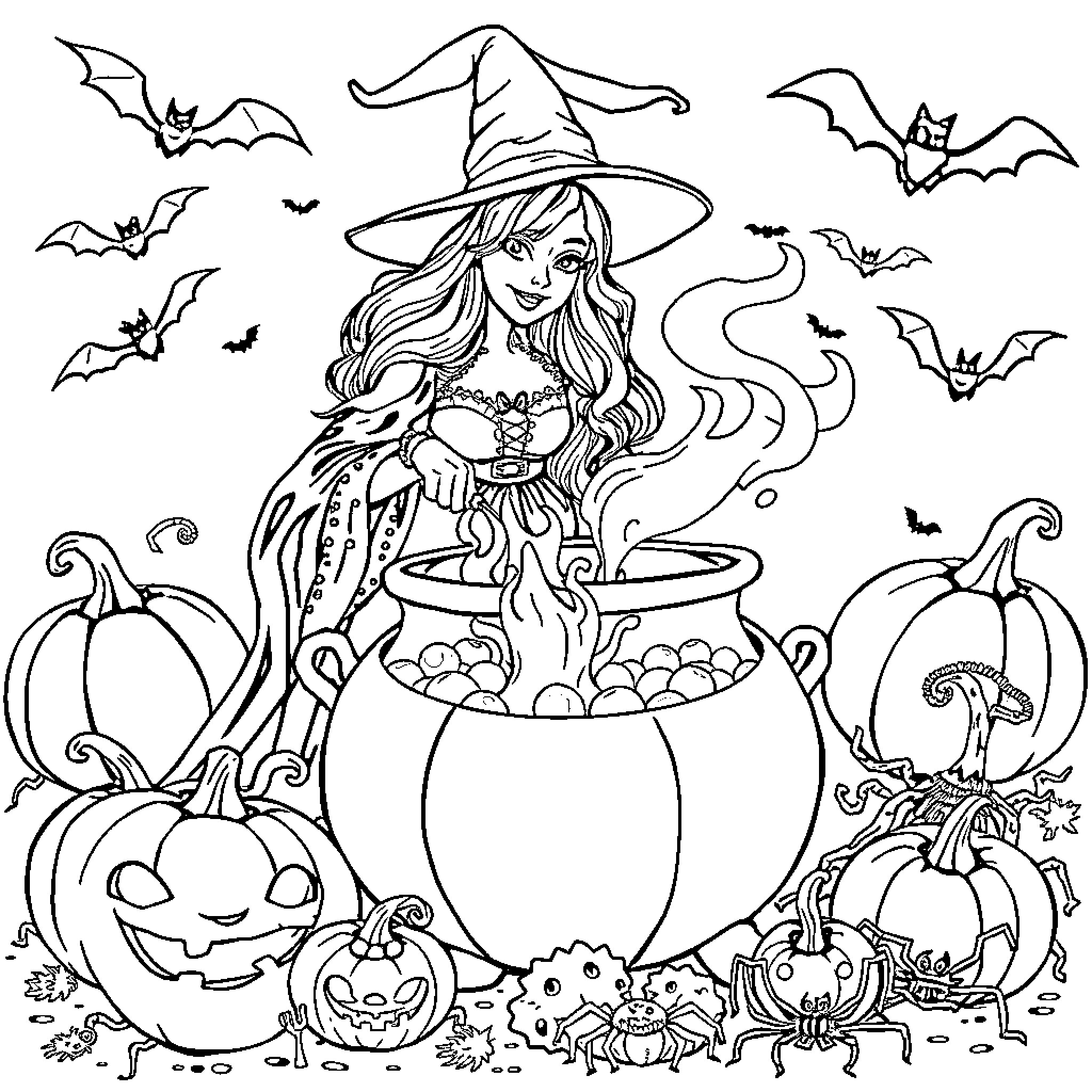 Witch stirring a cauldron surrounded by Halloween elements Coloring Page (free black-and-white line drawing printable PDF for all, from beginners to advanced learners, including children, teens, adults, and seniors)