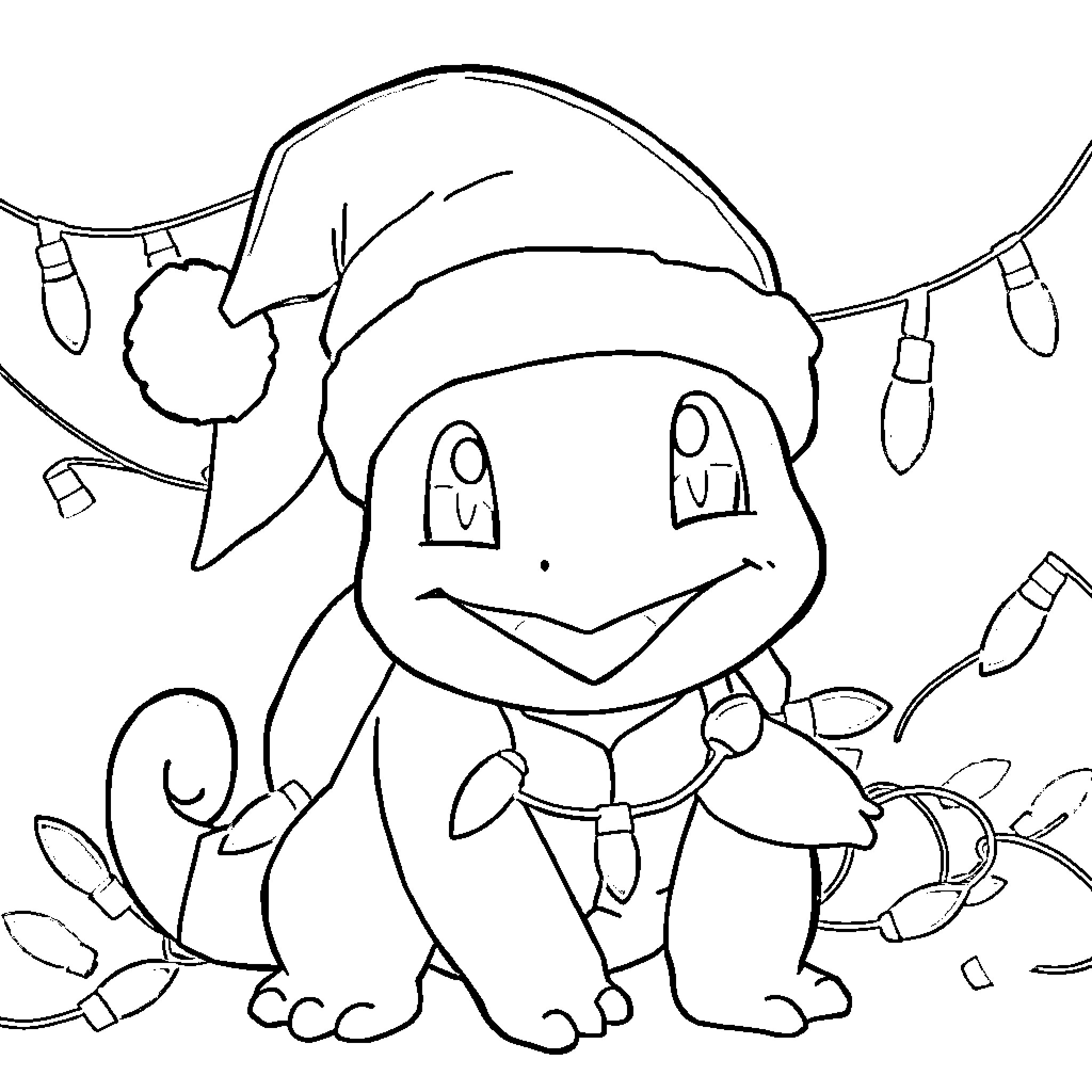 Squirtle celebrating with holiday lights Coloring Page (free black-and-white line drawing printable PDF for all, from beginners to advanced learners, including children, teens, adults, and seniors)