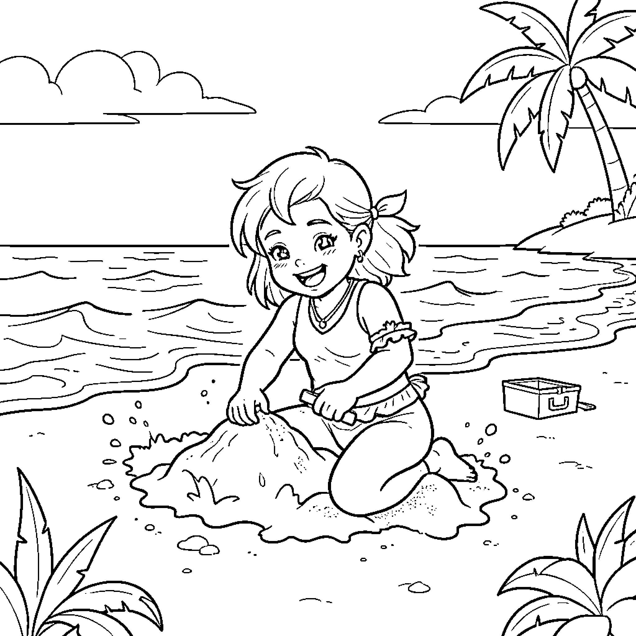 Jade building a sandcastle on a tropical beach Coloring Page (free black-and-white line drawing printable PDF for all, from beginners to advanced learners, including children, teens, adults, and seniors)
