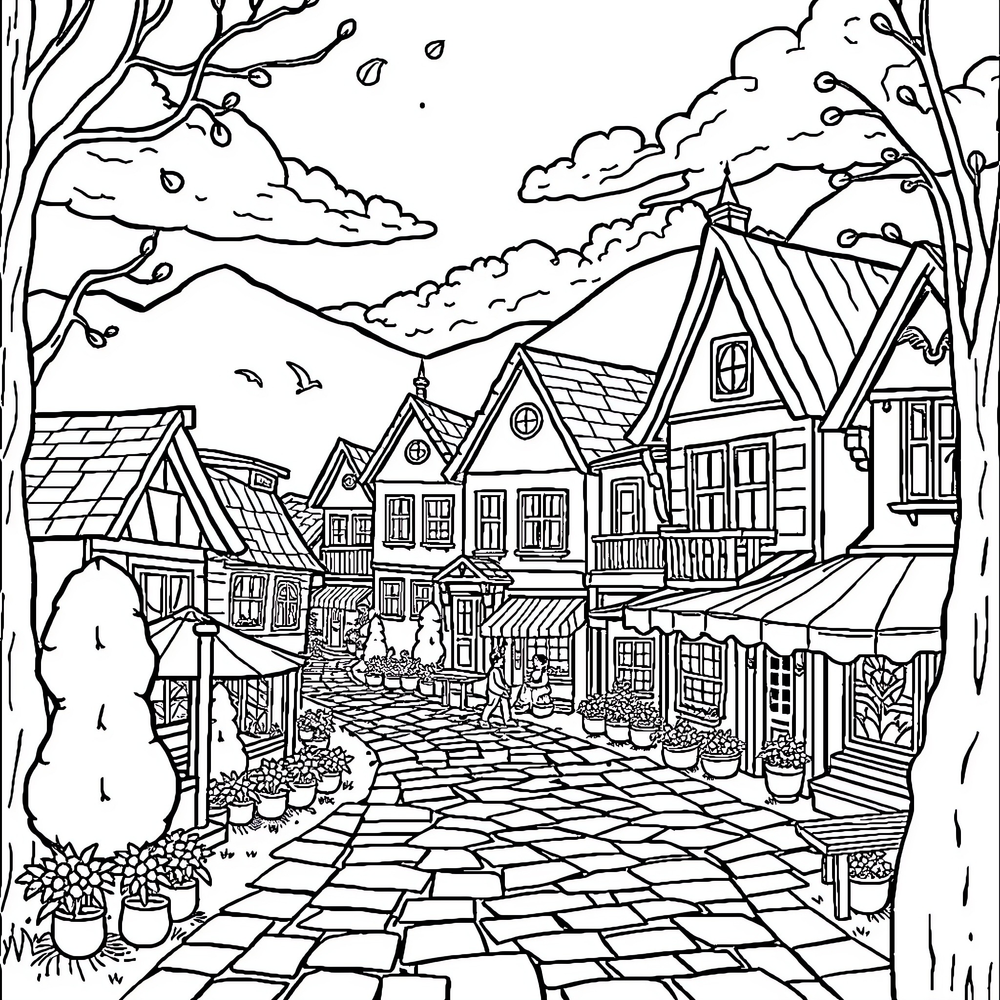 Spruki: Quaint European Village in Black and White Coloring Page (free black-and-white line drawing printable PDF for all, from beginners to advanced learners, including children, teens, adults, and seniors)