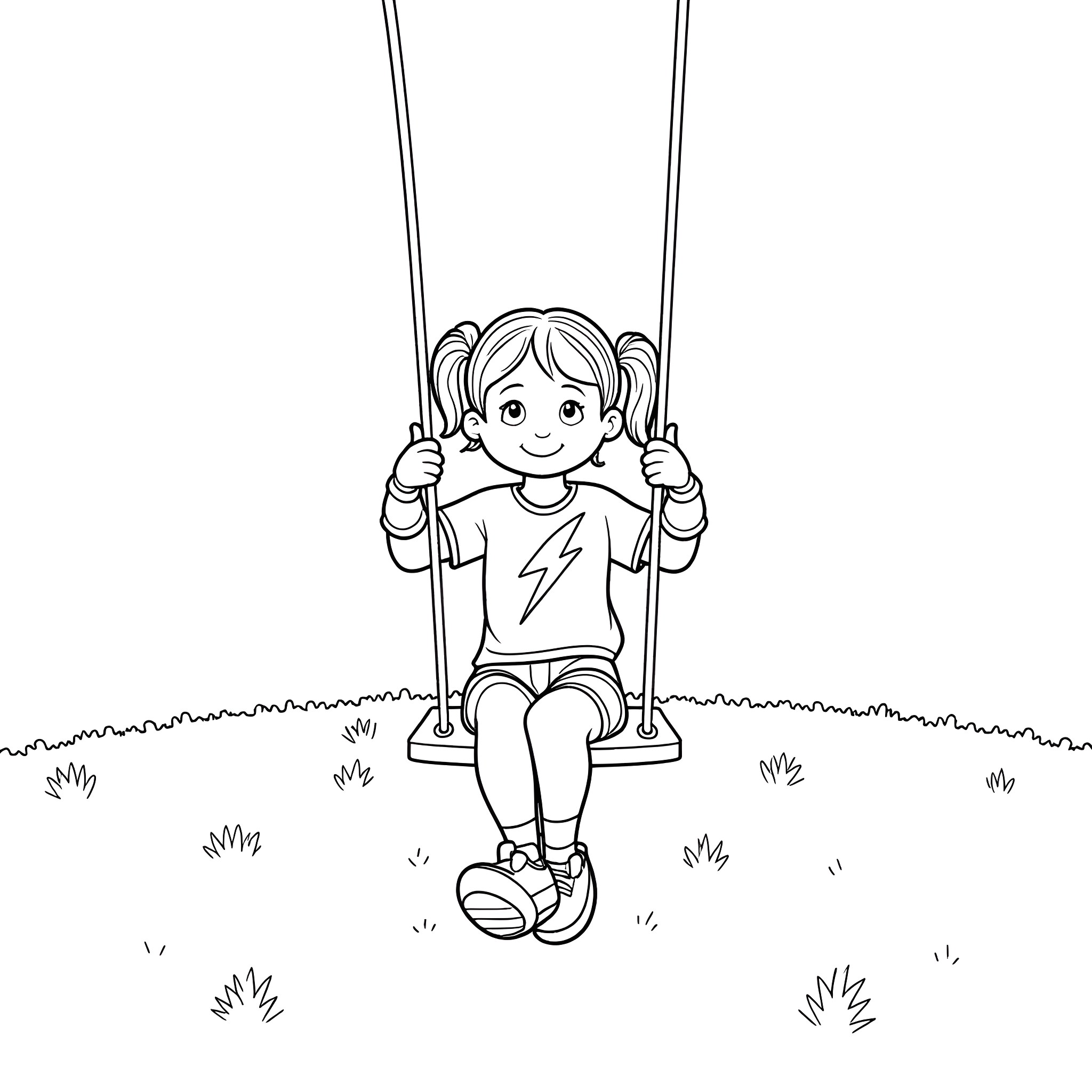 Girl happily swinging on a playground Coloring Page (free black-and-white line drawing printable PDF for all, from beginners to advanced learners, including children, teens, adults, and seniors)