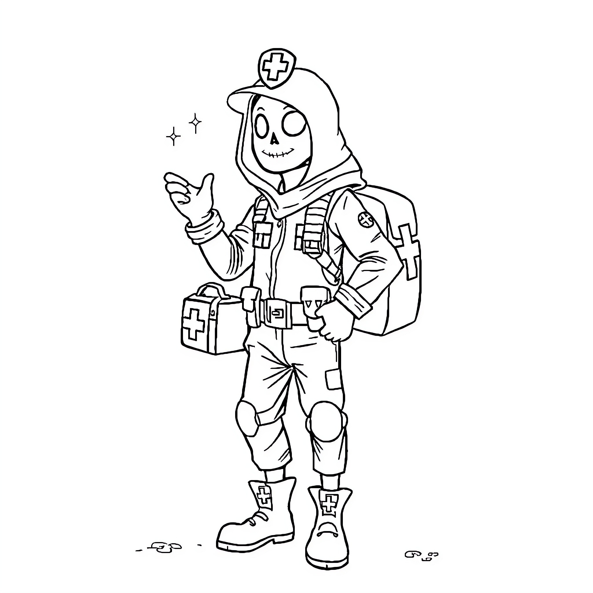 Paramedic character in cartoon-style uniform Coloring Page (free black-and-white line drawing printable PDF for all, from beginners to advanced learners, including children, teens, adults, and seniors)