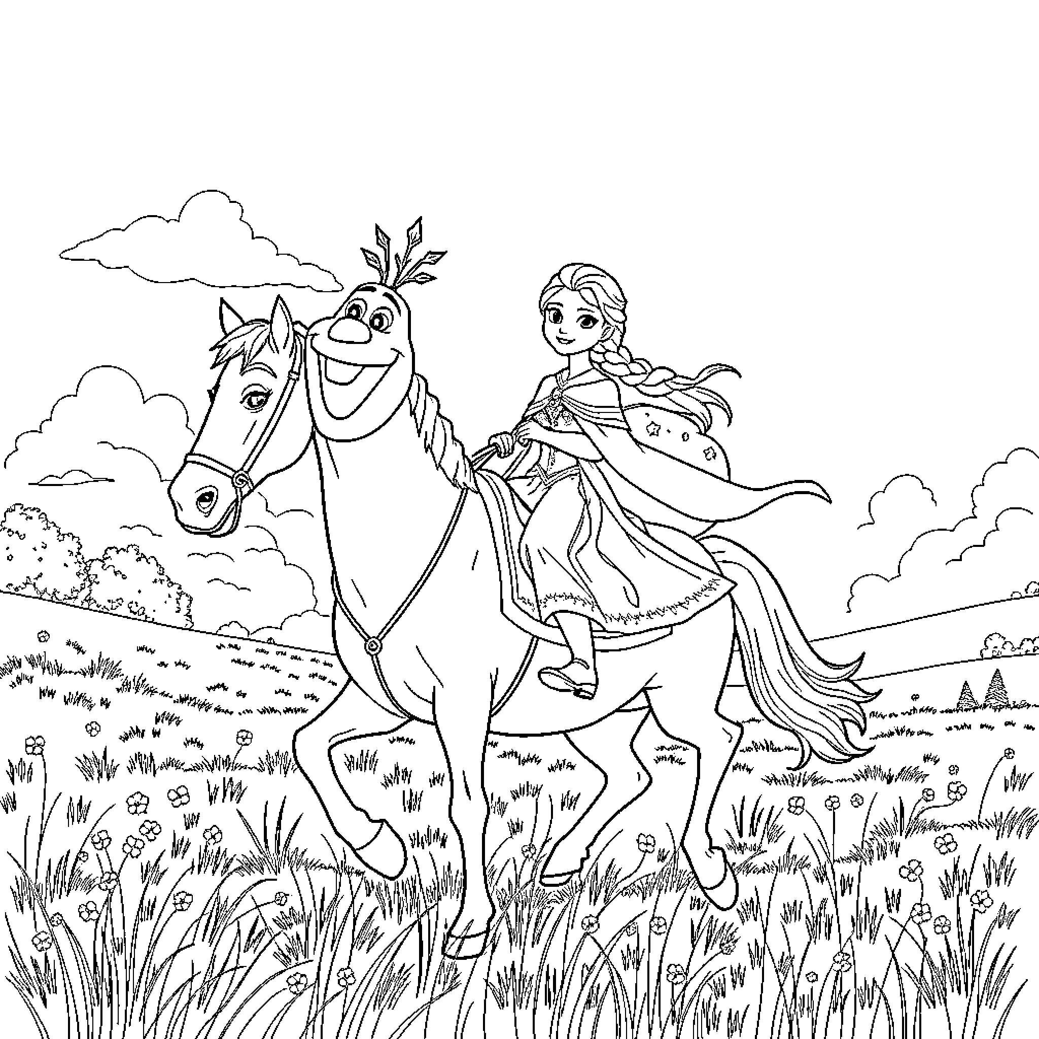Olaf's Adventure with Horse and Princess Coloring Page (free black-and-white line drawing printable PDF for all, from beginners to advanced learners, including children, teens, adults, and seniors)