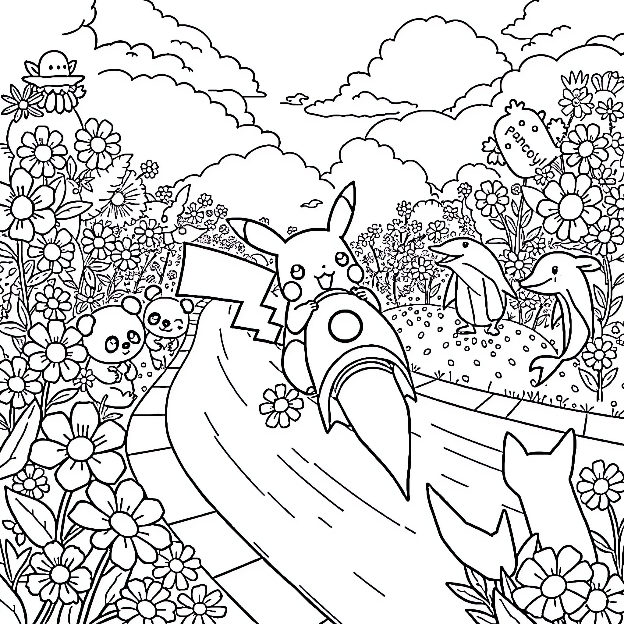 Pikachu and Friends in a Colorful Garden Coloring Page (free black-and-white line drawing printable PDF for all, from beginners to advanced learners, including children, teens, adults, and seniors)