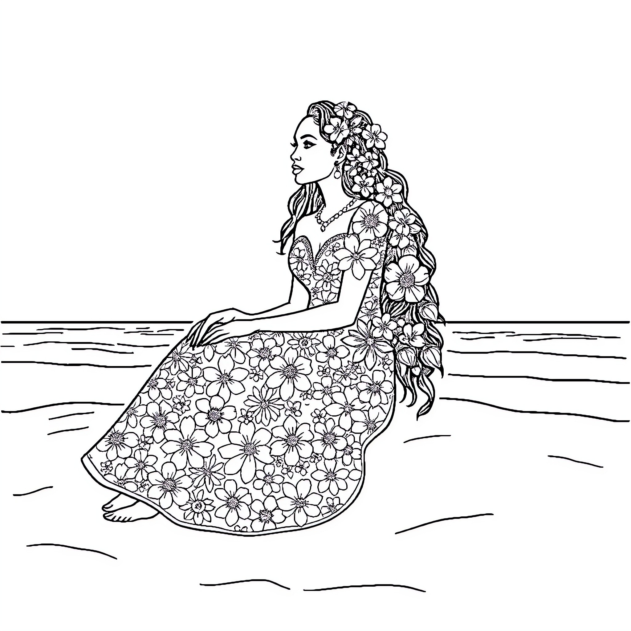 Girl in Floral Dress by the Shore Coloring Page (free black-and-white line drawing printable PDF for all, from beginners to advanced learners, including children, teens, adults, and seniors)