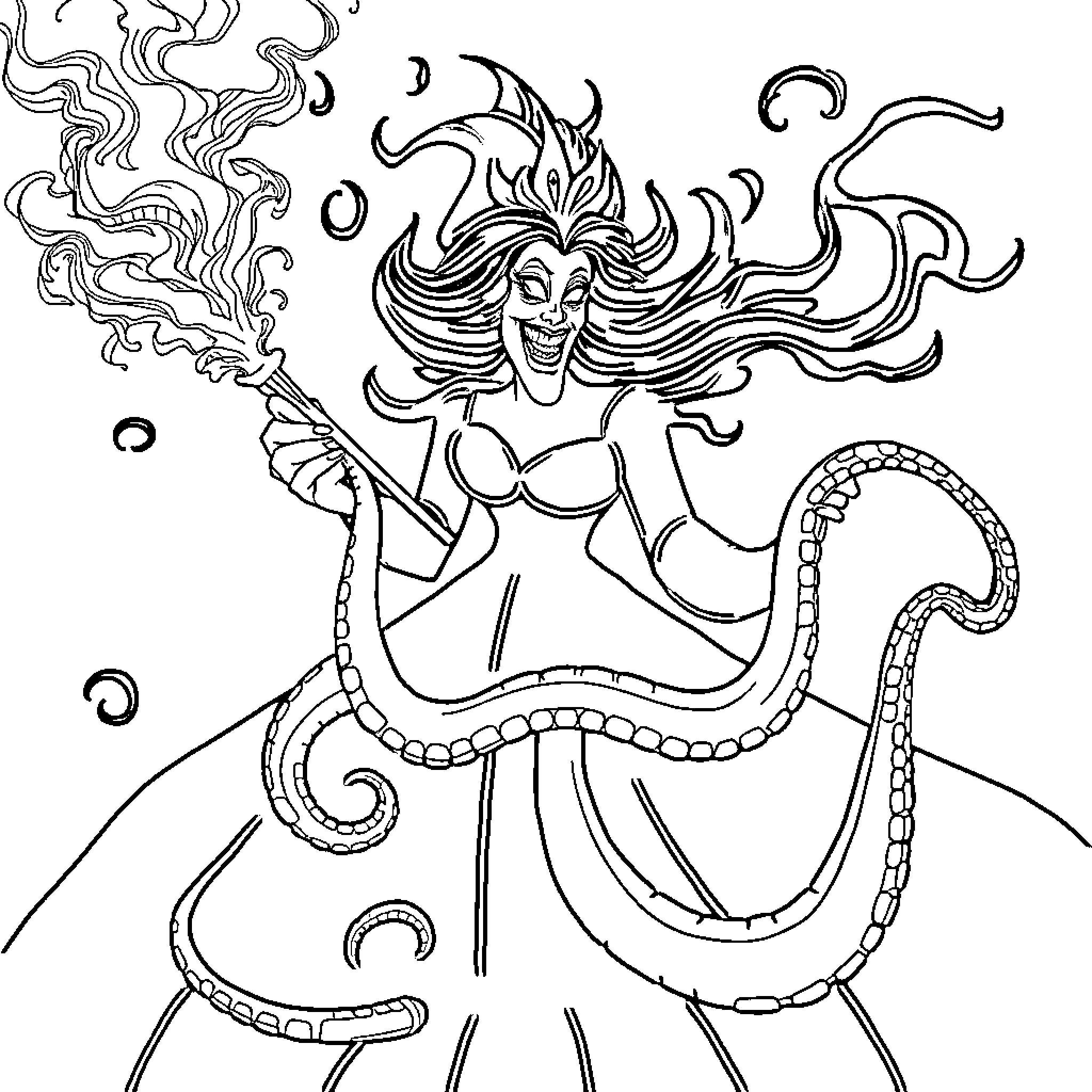Ursula, the sea witch, casting a spell Coloring Page (free black-and-white line drawing printable PDF for all, from beginners to advanced learners, including children, teens, adults, and seniors)