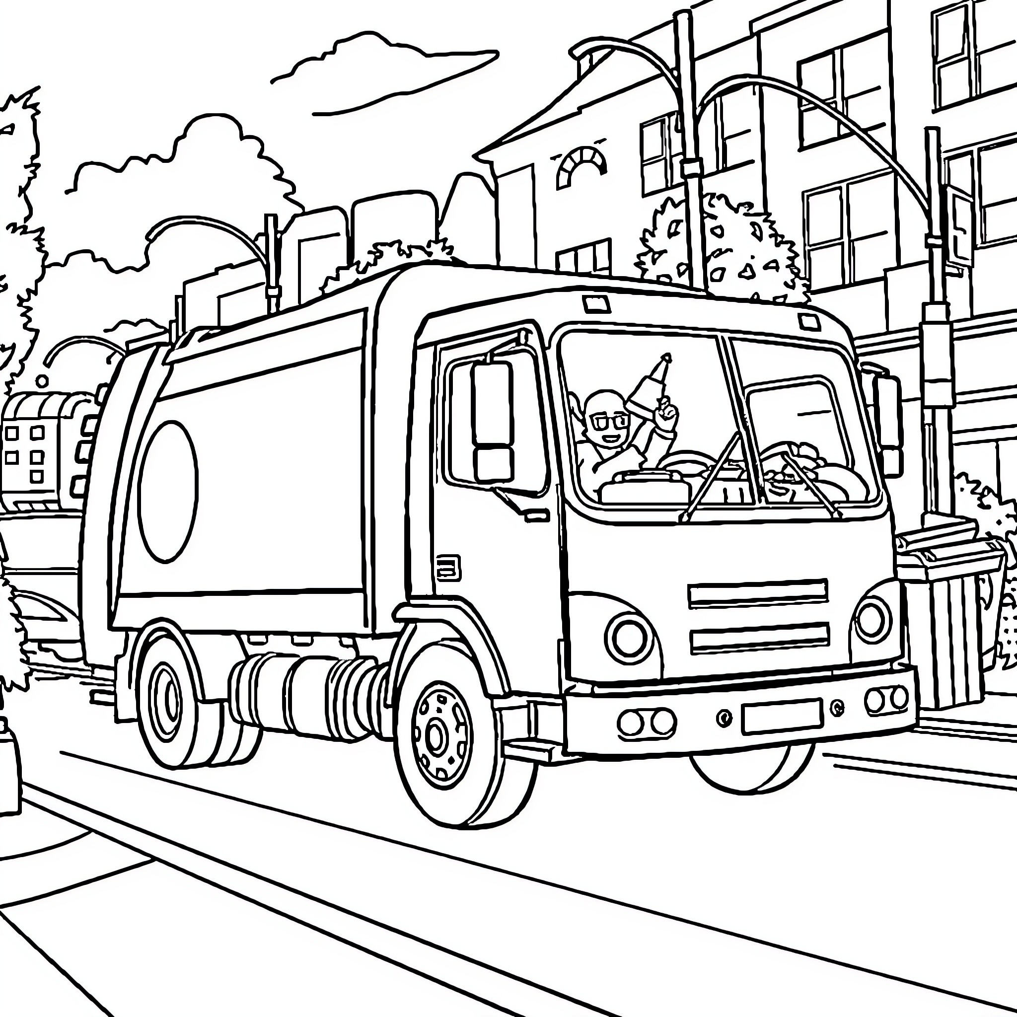 Garbage Truck Collecting Waste in the City Coloring Page (free black-and-white line drawing printable PDF for all, from beginners to advanced learners, including children, teens, adults, and seniors)