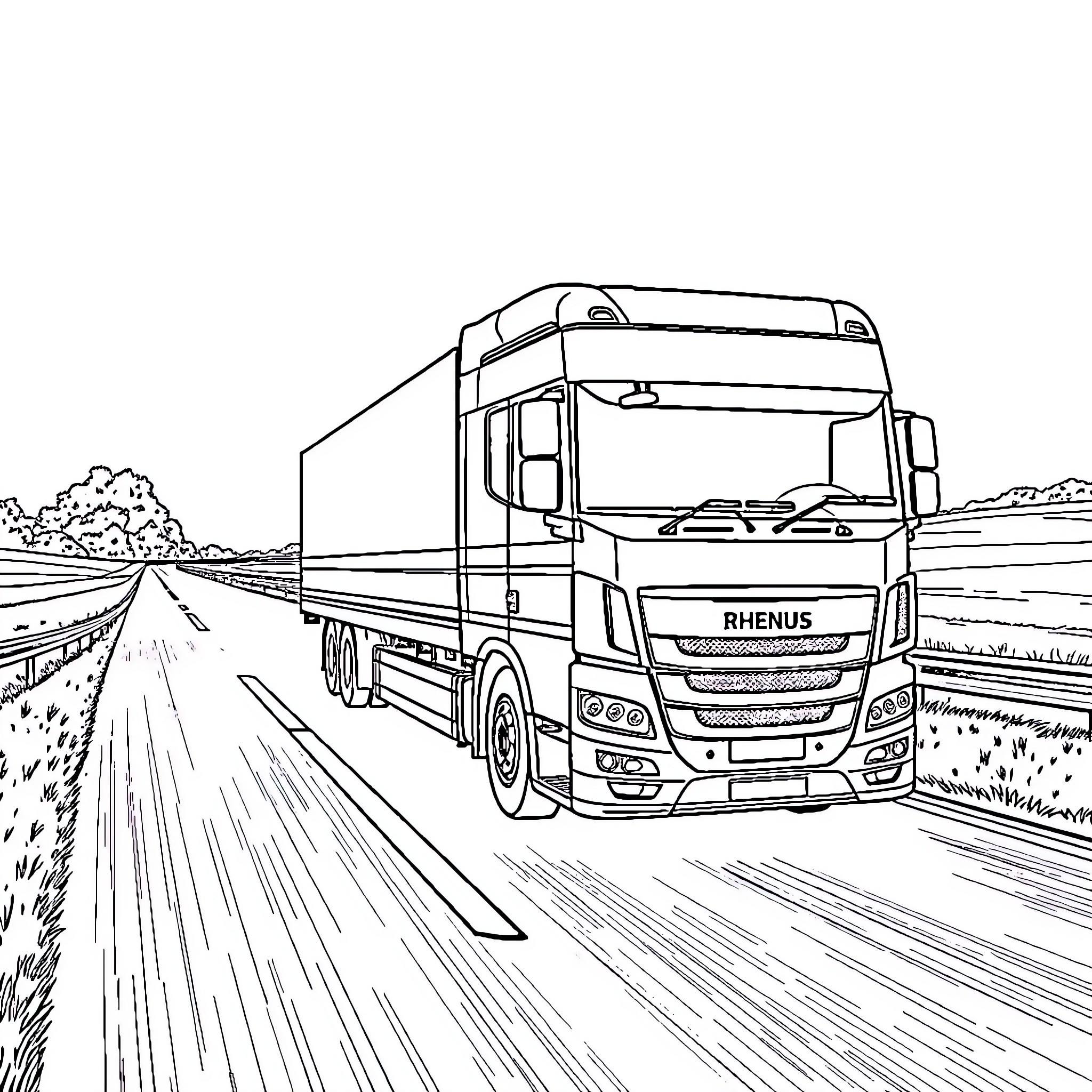 Truck transporting cargo on a highway Coloring Page (free black-and-white line drawing printable PDF for all, from beginners to advanced learners, including children, teens, adults, and seniors)