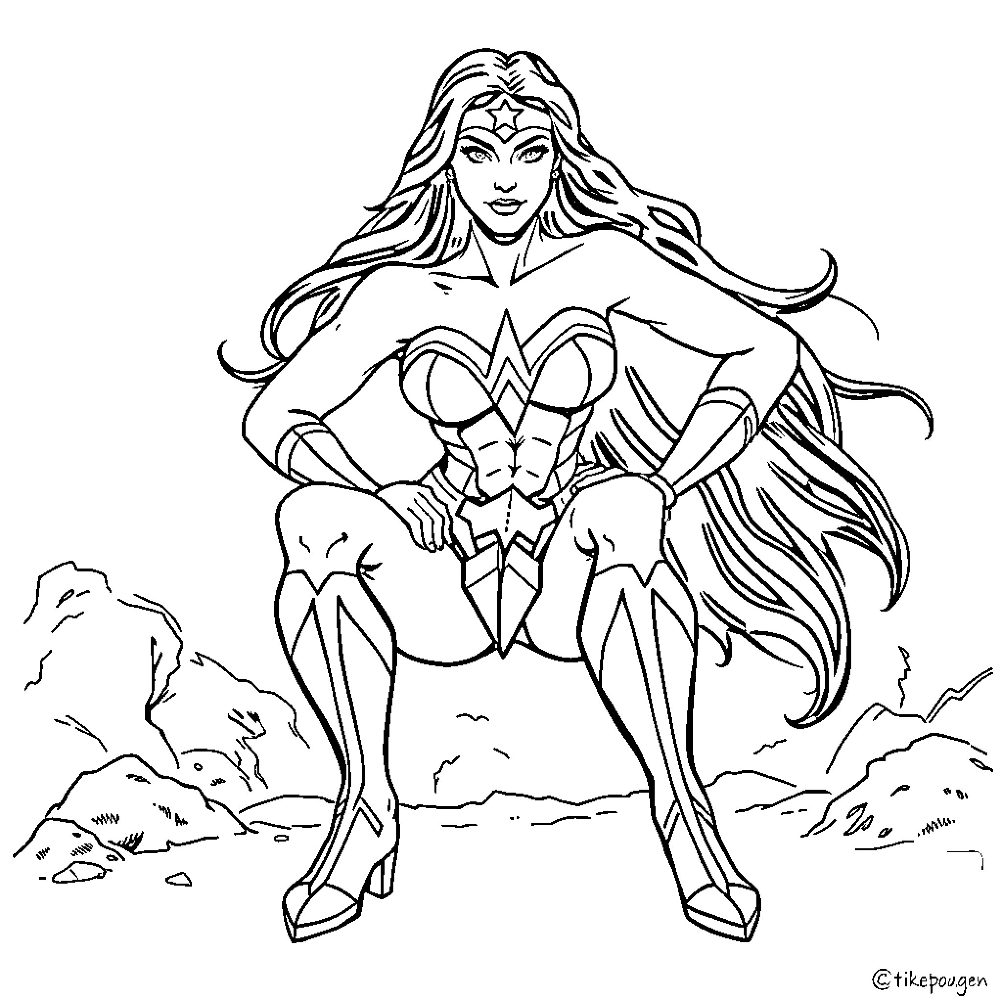 Wonder Woman in heroic pose with lasso Coloring Page (free black-and-white line drawing printable PDF for all, from beginners to advanced learners, including children, teens, adults, and seniors)