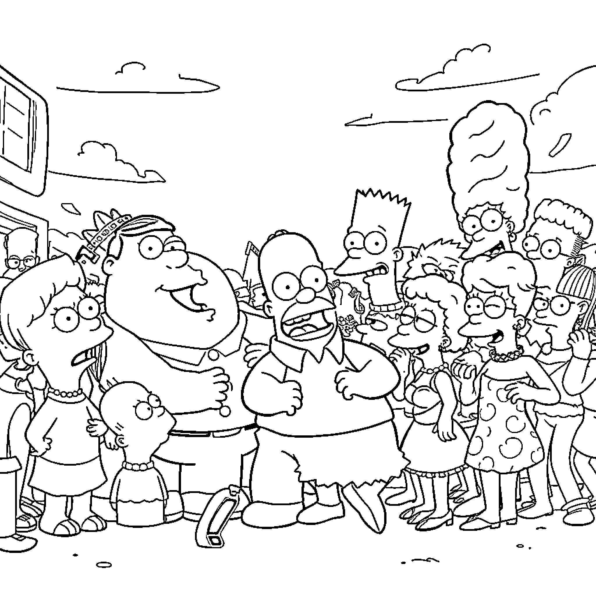 Cartoon Characters in an Animated Scene Coloring Page (free black-and-white line drawing printable PDF for all, from beginners to advanced learners, including children, teens, adults, and seniors)